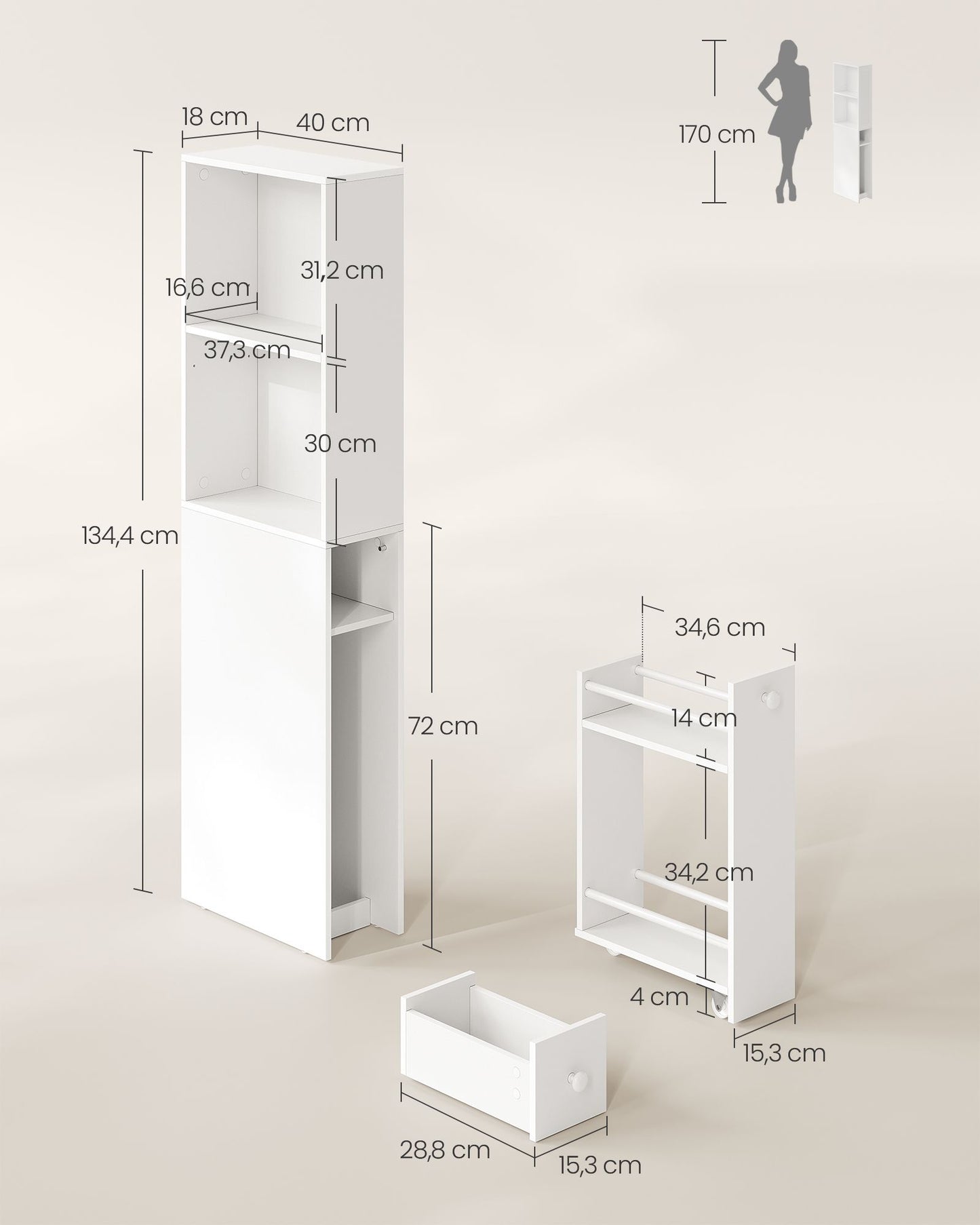 Armario de Baño Alto Moderno Blanco Clásico-VASAGLE