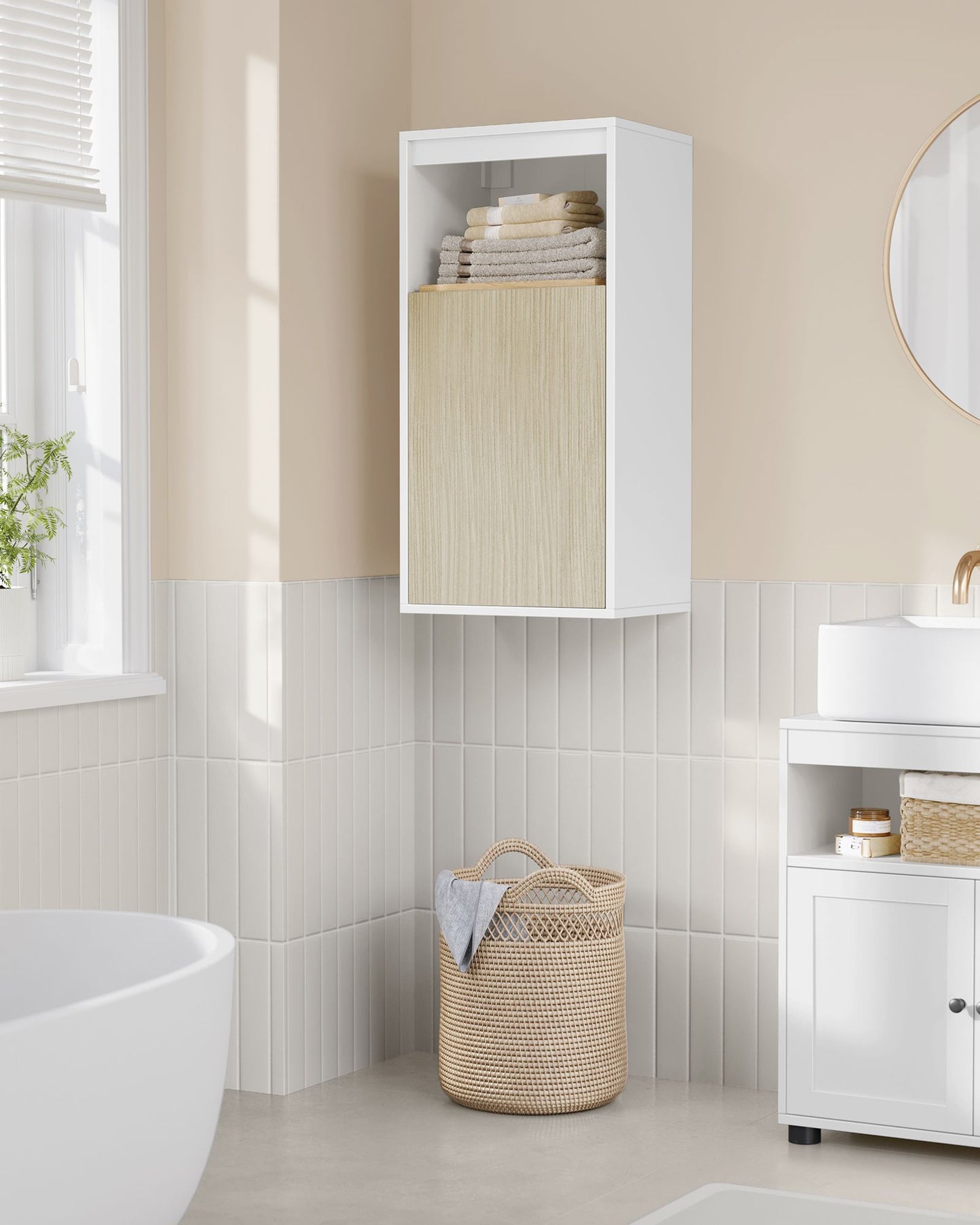 Armario de Baño 30 x 40 x 80 cm Blanco Nube y Beige Natural-VASAGLE