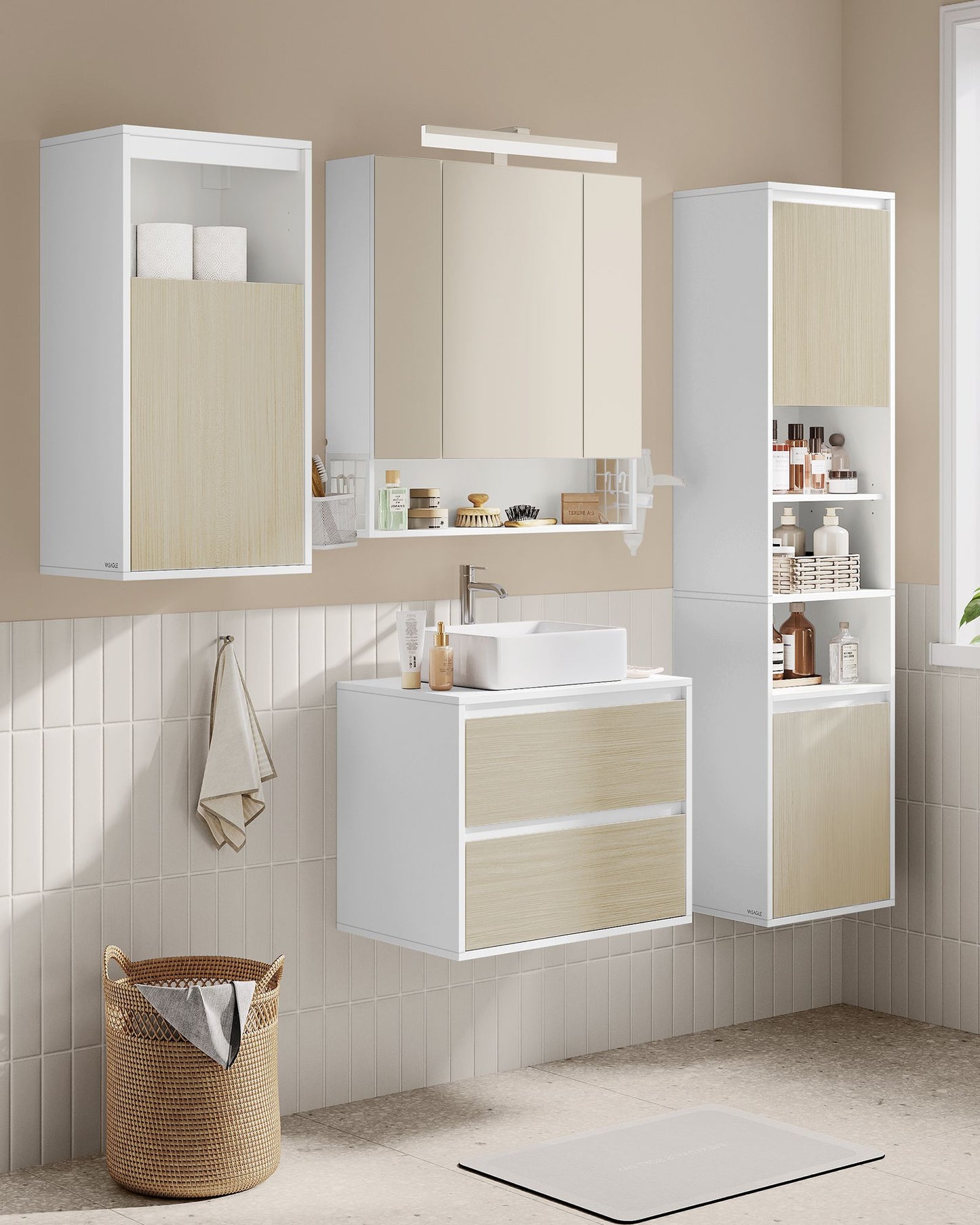 Armario de Baño 30 x 40 x 80 cm Blanco Nube y Beige Natural-VASAGLE