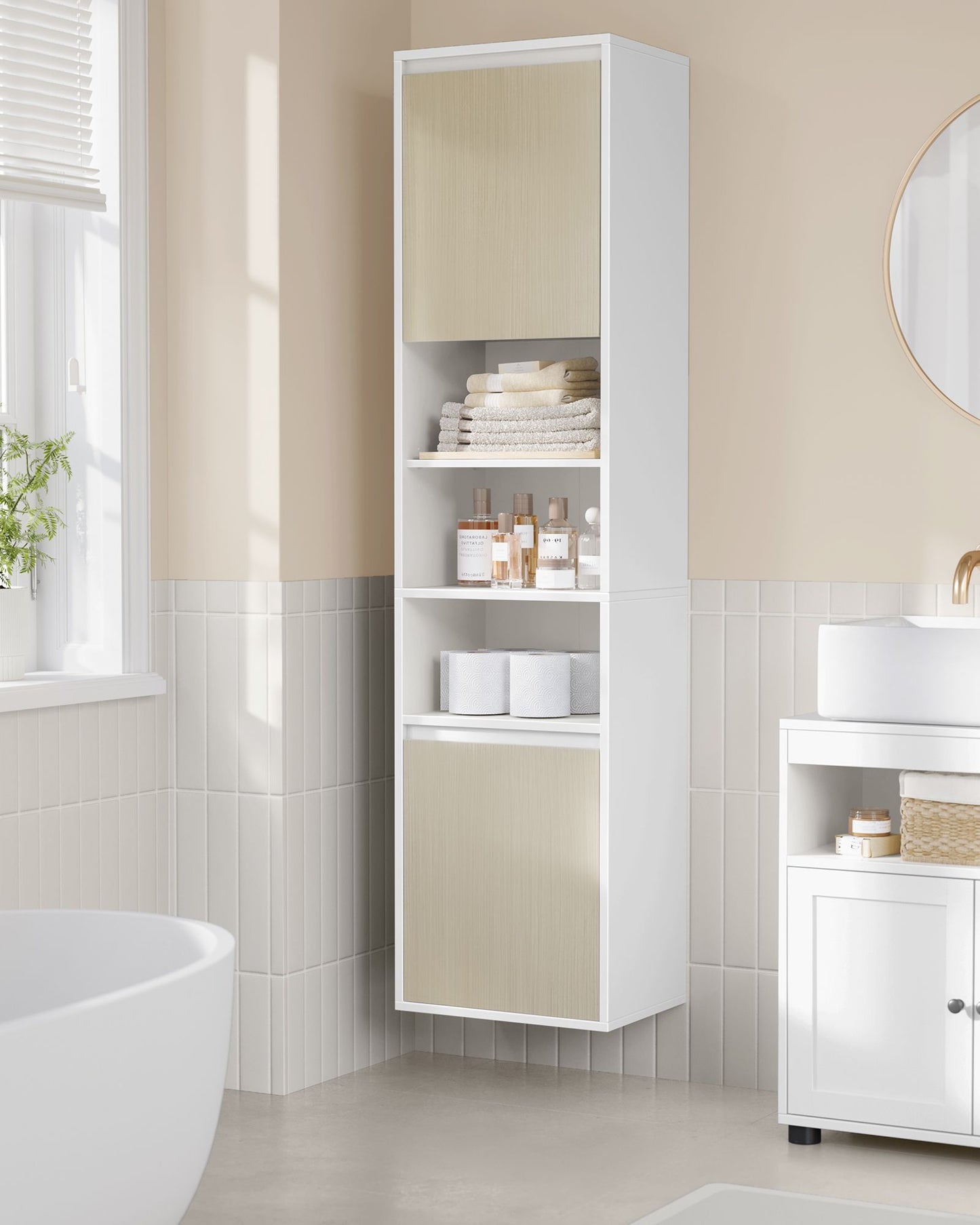 Armario de Baño Alto de Pared 30 x 40 x 160 cm Blanco Nube y Beige Natural-VASAGLE