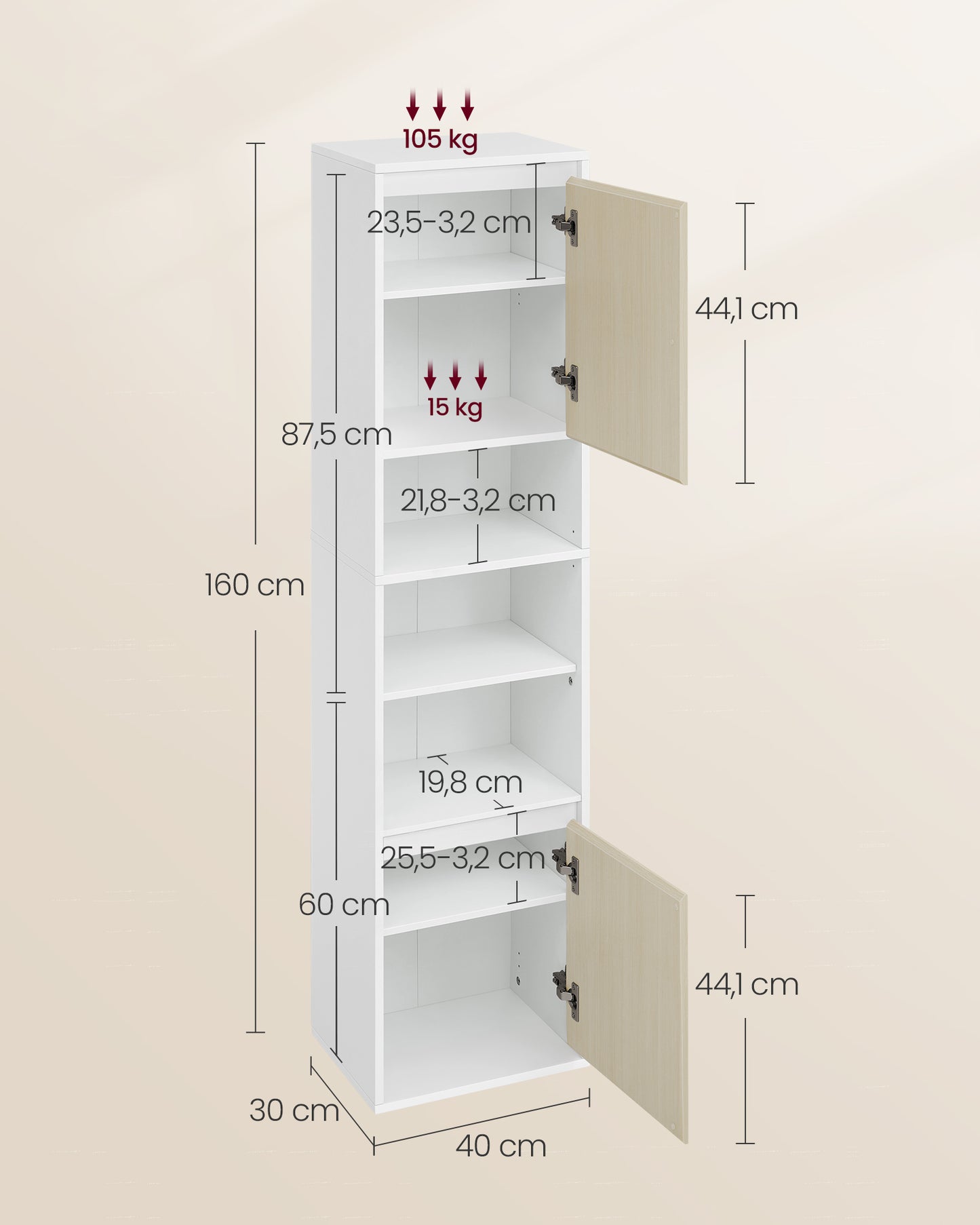 Armario de Baño Alto de Pared 30 x 40 x 160 cm Blanco Nube y Beige Natural-VASAGLE