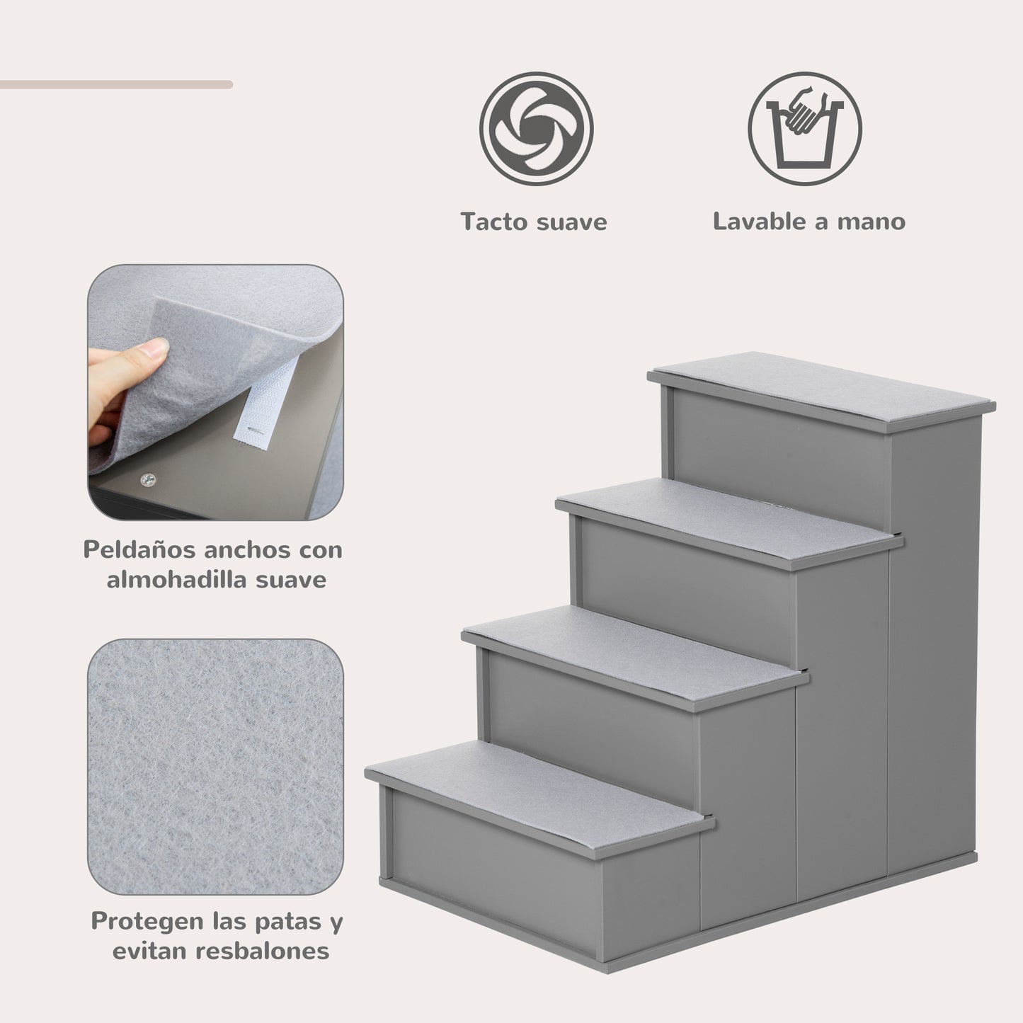 PawHut Escalera para Perros de 4 Peldaños Escalera para Mascotas Escalones para Perros Gatos con Acolchados Desmontables Carga 30 kg para Cama Sofá 40x59x54,2 cm Gris