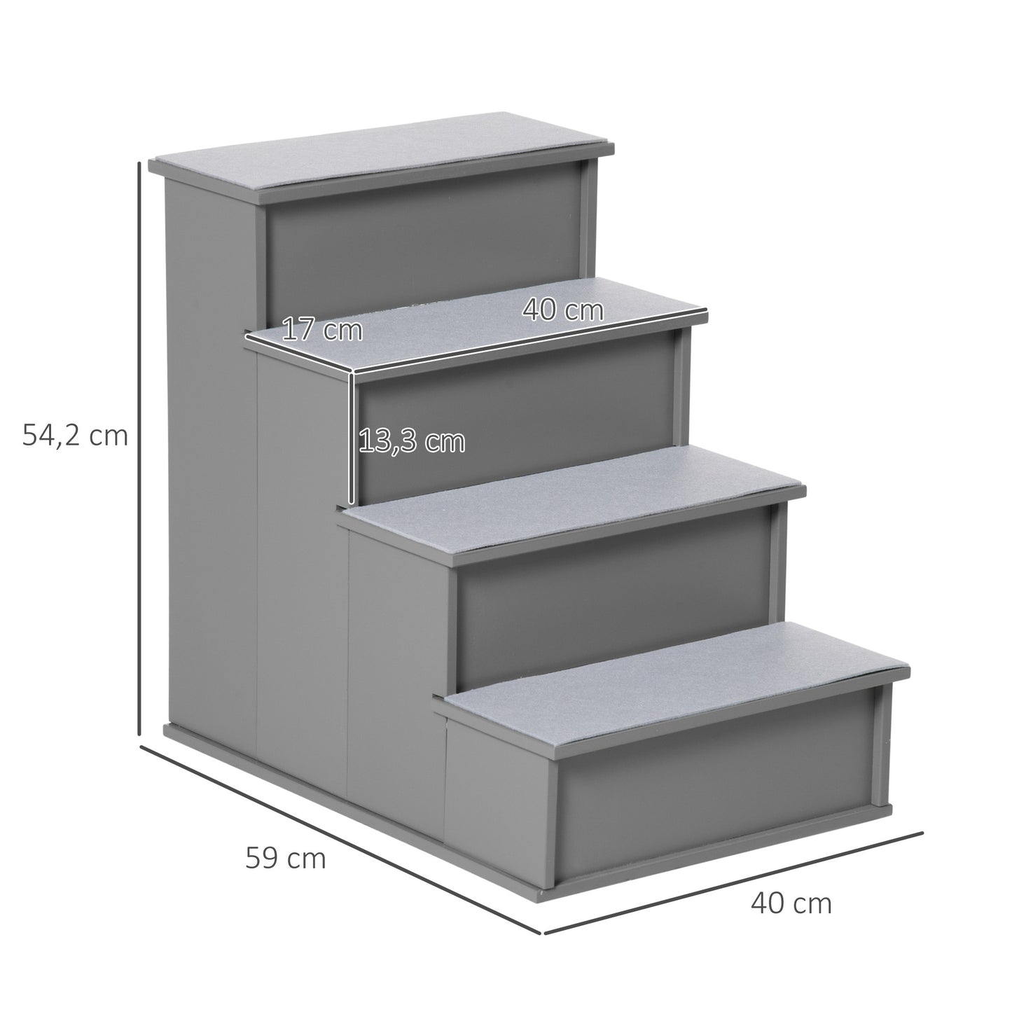 PawHut Escalera para Perros de 4 Peldaños Escalera para Mascotas Escalones para Perros Gatos con Acolchados Desmontables Carga 30 kg para Cama Sofá 40x59x54,2 cm Gris