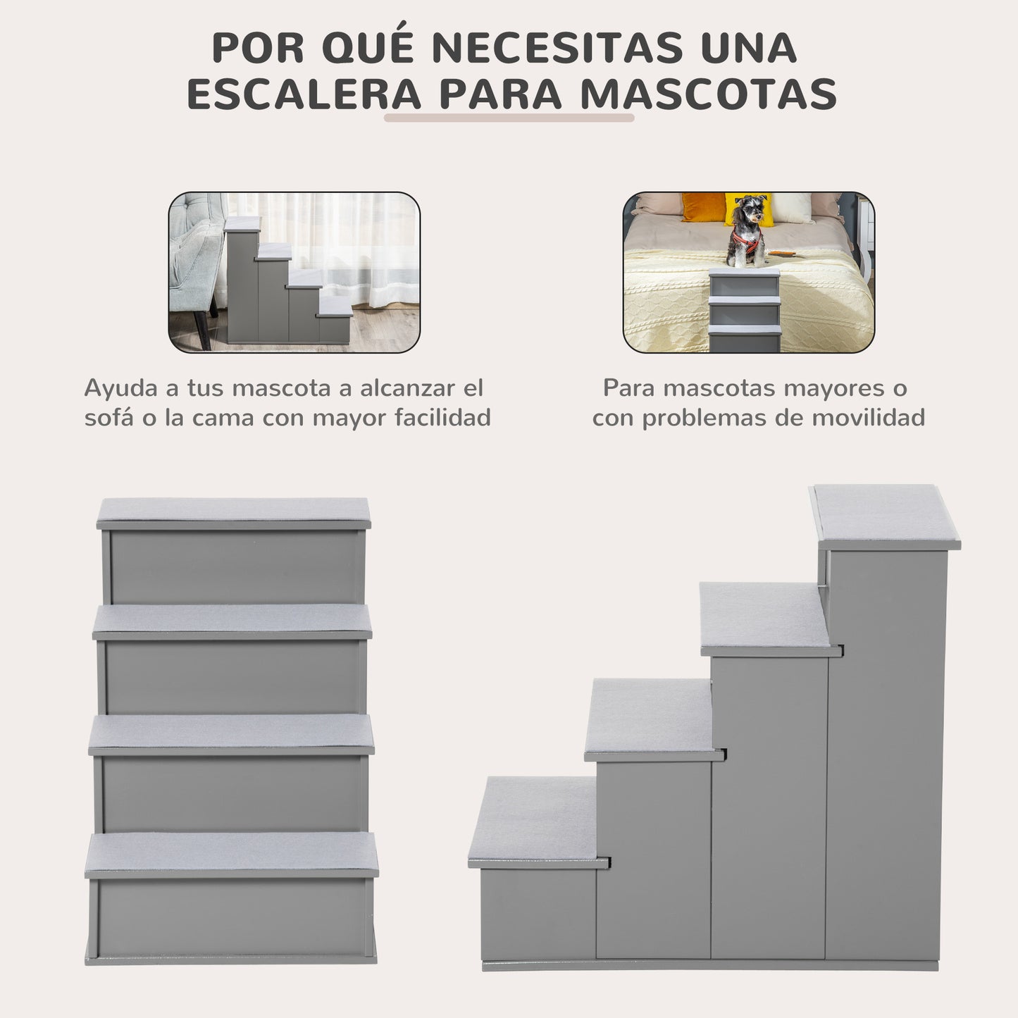 PawHut Escalera para Perros de 4 Peldaños Escalera para Mascotas Escalones para Perros Gatos con Acolchados Desmontables Carga 30 kg para Cama Sofá 40x59x54,2 cm Gris