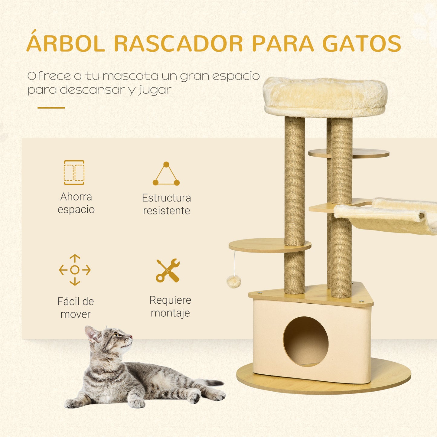 PawHut Árbol Rascador para Gatos Ø60x99 cm con Cueva Triangular de Fieltro Extraíble Hamaca Cama Lavable Postes Rascador de Yute Plataformas y Bola Colgante Beige y Natural