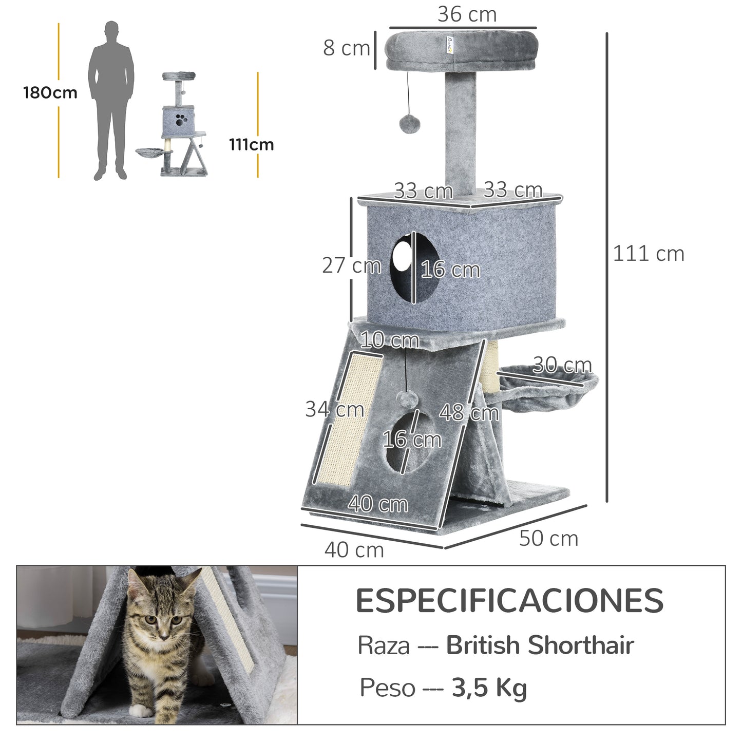 PawHut Árbol Rascador para Gatos Altura 111 cm Torre para Gatos con Cama Cueva Hamaca Bola Colgante Postes y Rampa de Sisal 50x40x111 cm Gris