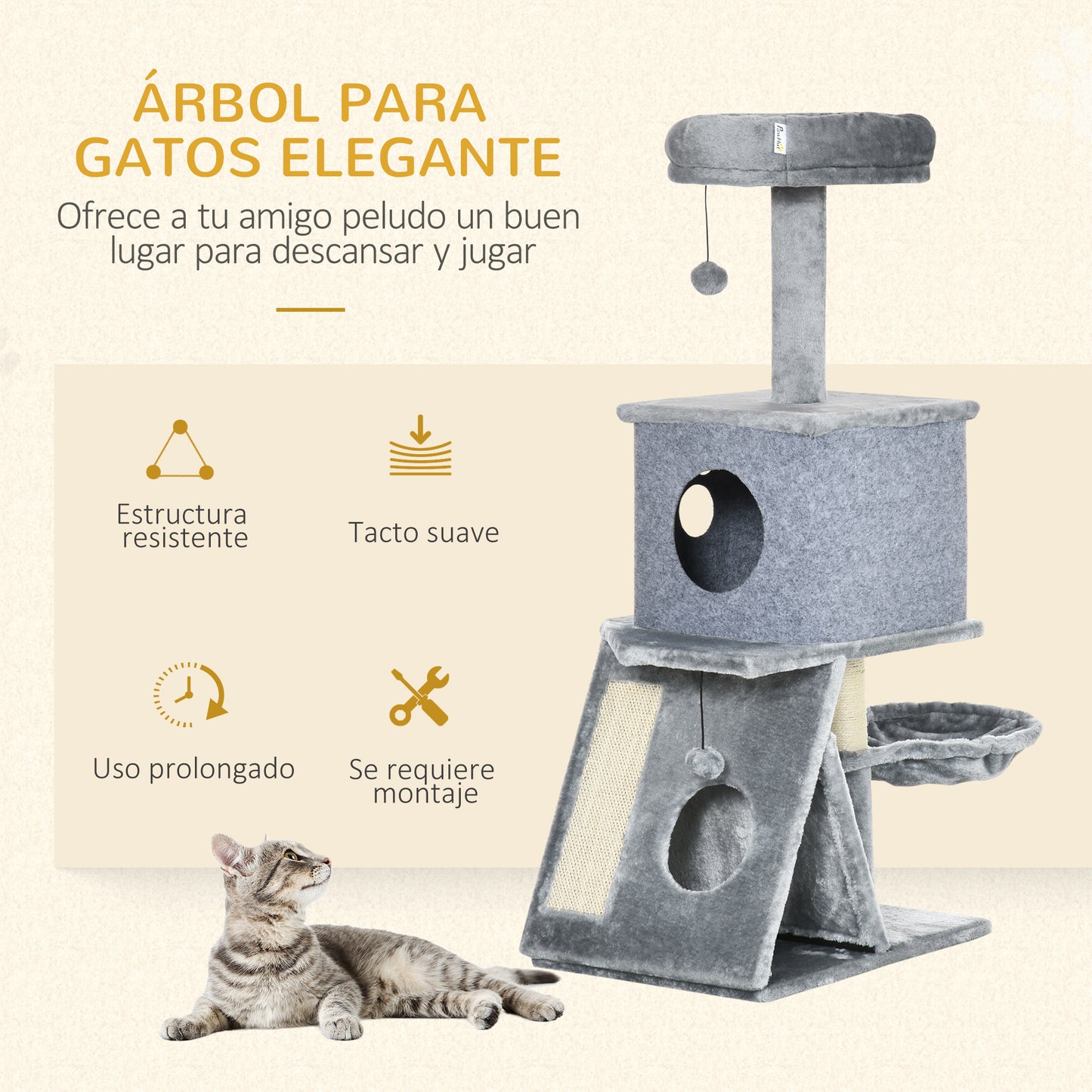 PawHut Árbol Rascador para Gatos Altura 111 cm Torre para Gatos con Cama Cueva Hamaca Bola Colgante Postes y Rampa de Sisal 50x40x111 cm Gris