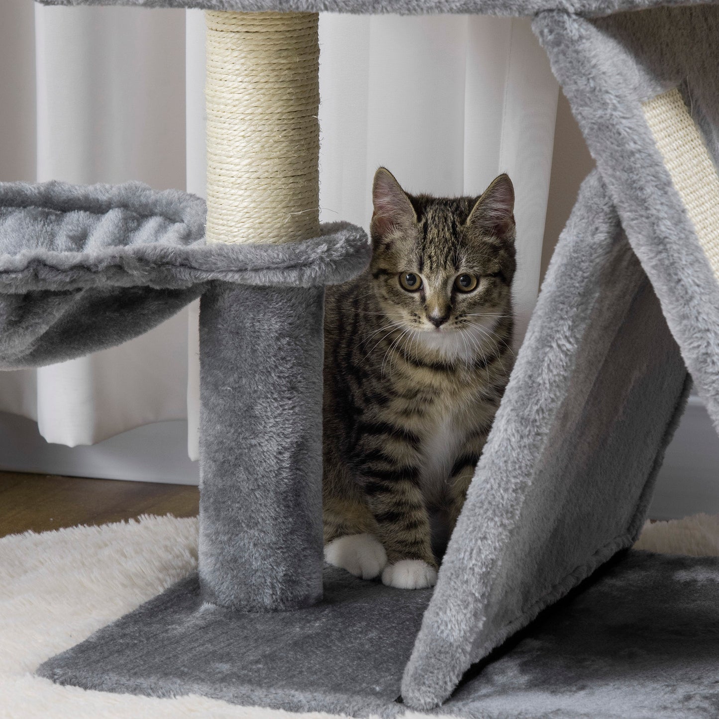 PawHut Árbol Rascador para Gatos Altura 111 cm Torre para Gatos con Cama Cueva Hamaca Bola Colgante Postes y Rampa de Sisal 50x40x111 cm Gris