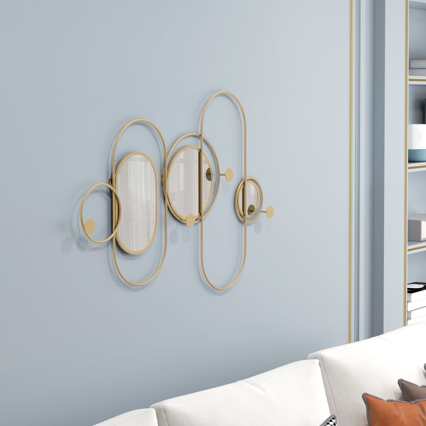 HOMCOM Espejo Decorativo de Pared Adorno de Pared Metálico con 3 Espejos Decorativos y 4 Ganchos para Salón Dormitorio Pasillo 106x71 cm Dorado