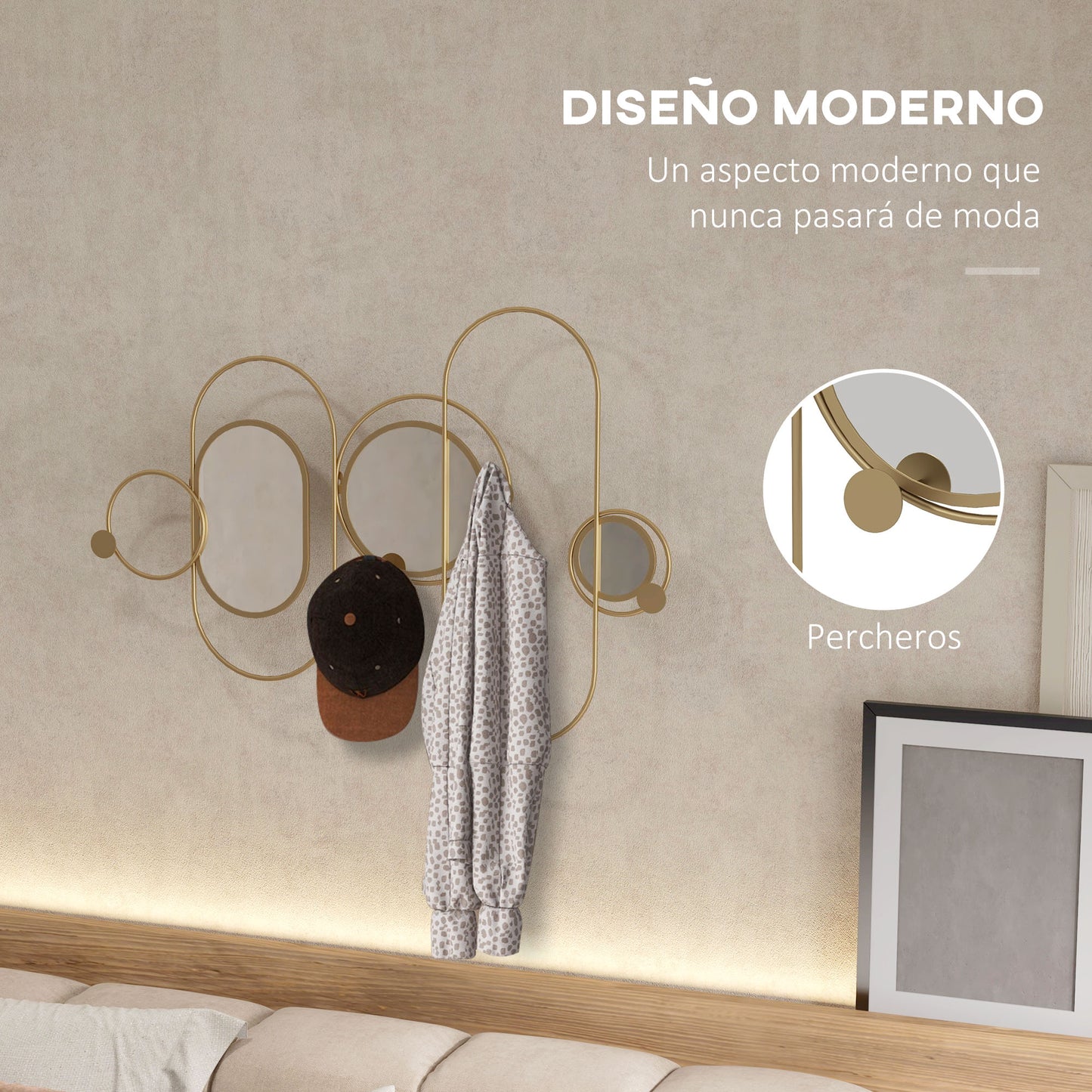 HOMCOM Perchero de Pared con 4 Ganchos y 3 Espejos Decorativos para Colgar Abrigos Bolsos para Pasillo Entrada 106x71 cm Dorado