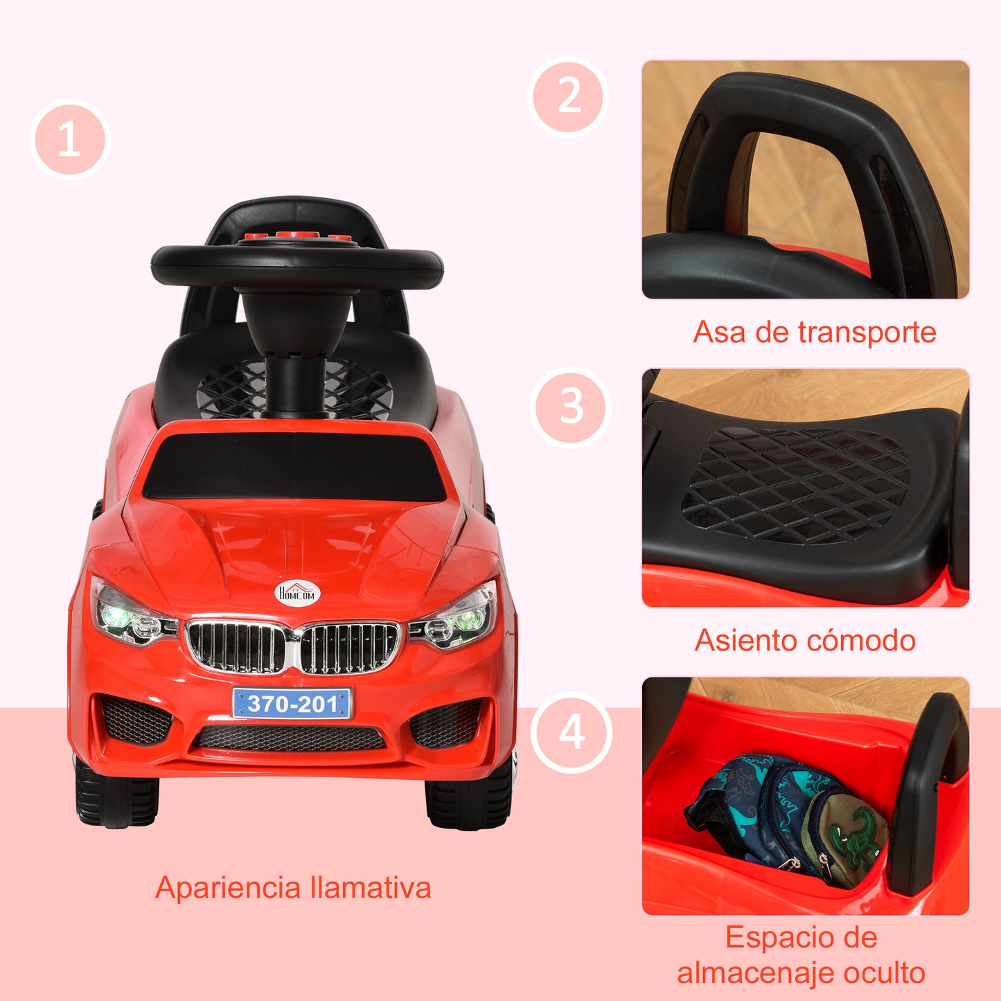 HOMCOM Coche Correpasillos para Niños de 18-36 Meses con Faros Música Bocina Volante Espacio de Almacenaje y Asa para Empujar 63,5x28x36 cm Rojo