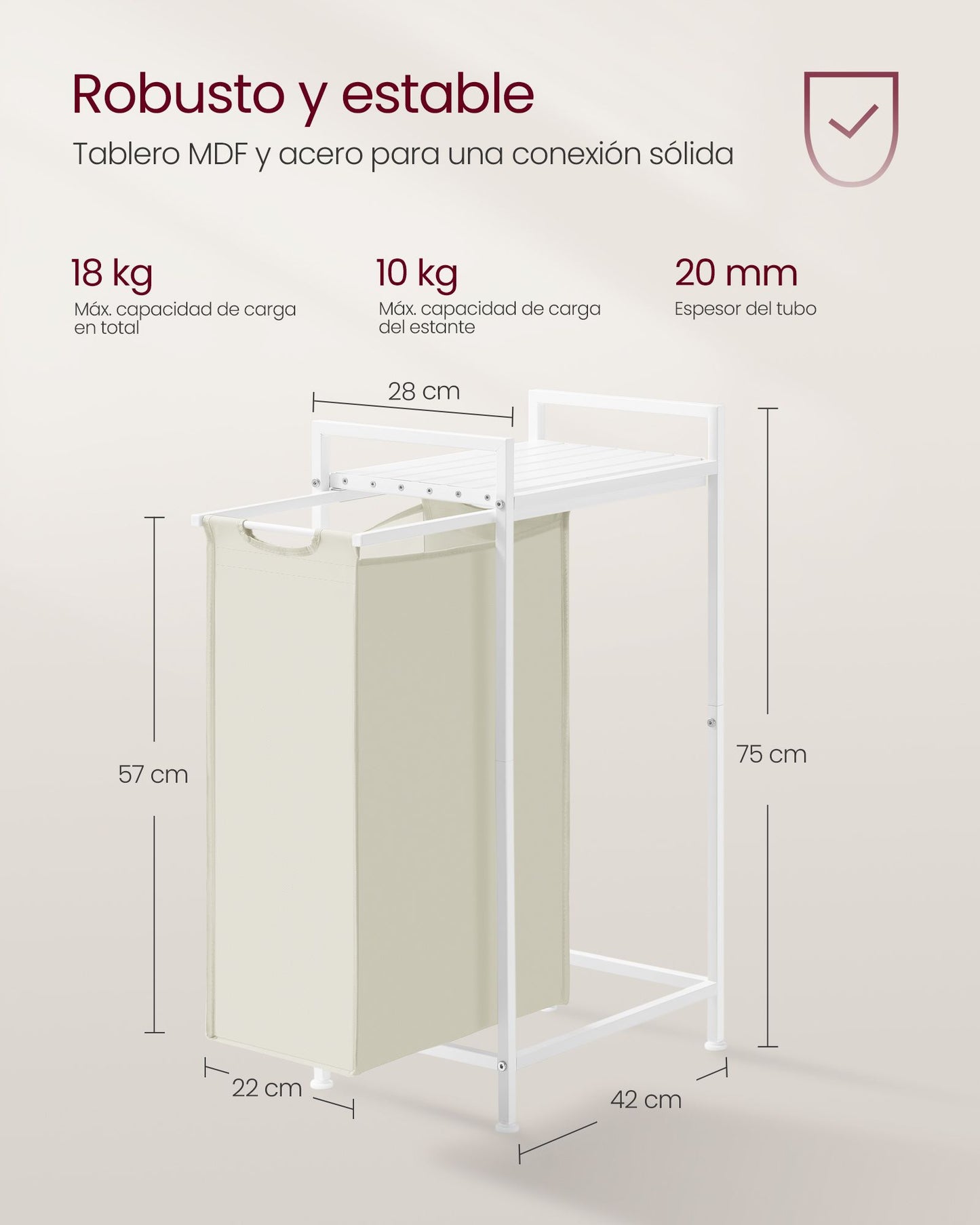 Cesto para Ropa Sucia 47 L 42 x 28 x 75 cm Blanco Crema y Blanco Nube-VASAGLE