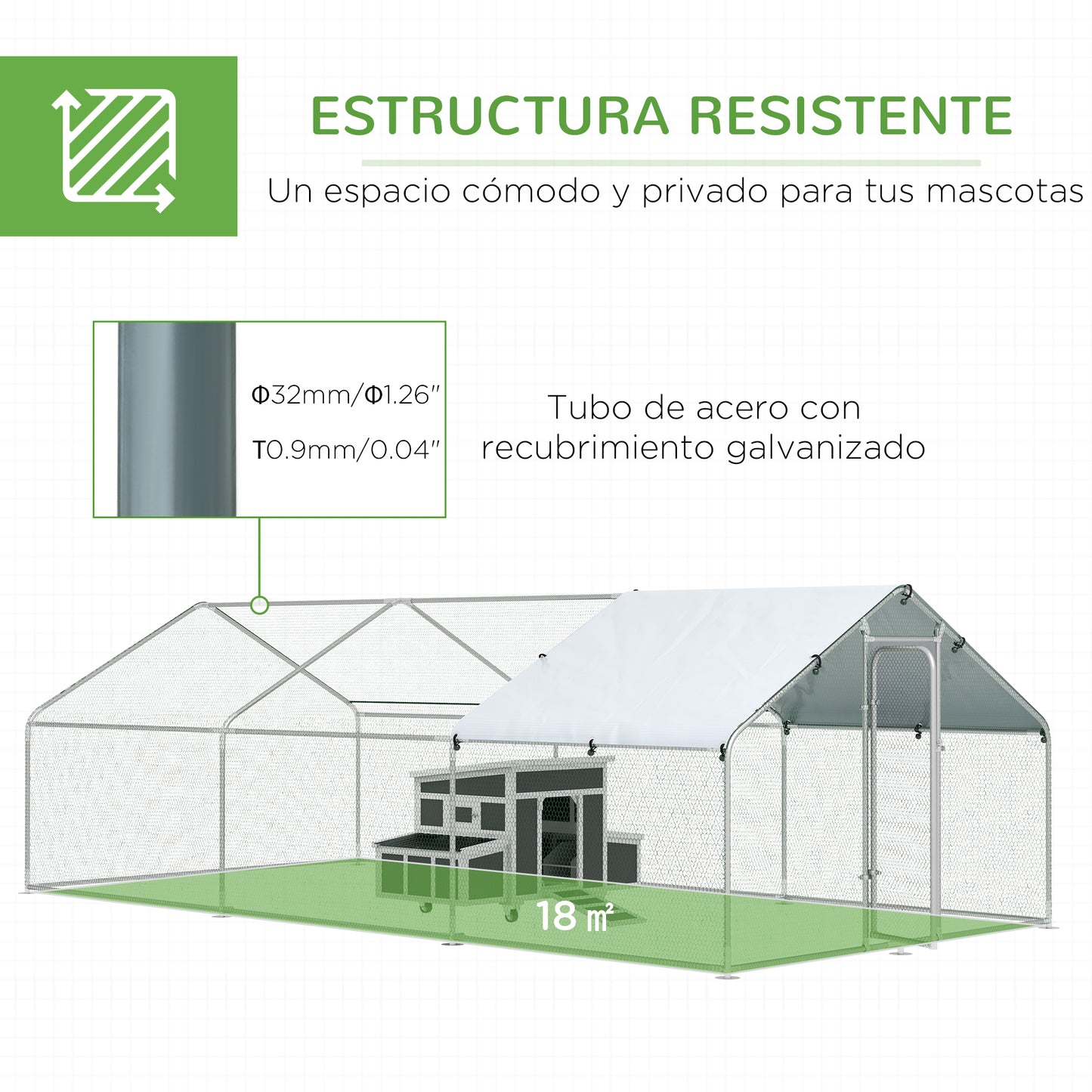 PawHut Conjunto de 1 Gallinero de Madera con Bandeja Extraíble y Perchas 147x93,5x89,5 cm y 1 Gallinero para Exterior Grande de Metal Galvanizado 3x6x2 m