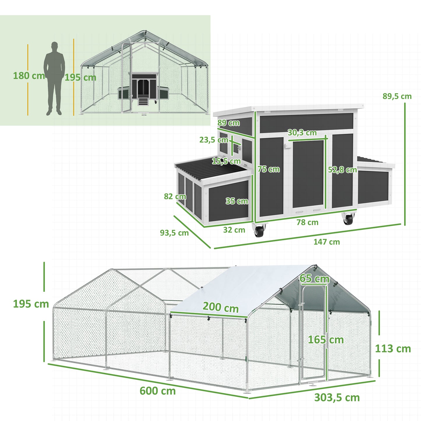 PawHut Conjunto de 1 Gallinero de Madera con Bandeja Extraíble y Perchas 147x93,5x89,5 cm y 1 Gallinero para Exterior Grande de Metal Galvanizado 3x6x2 m