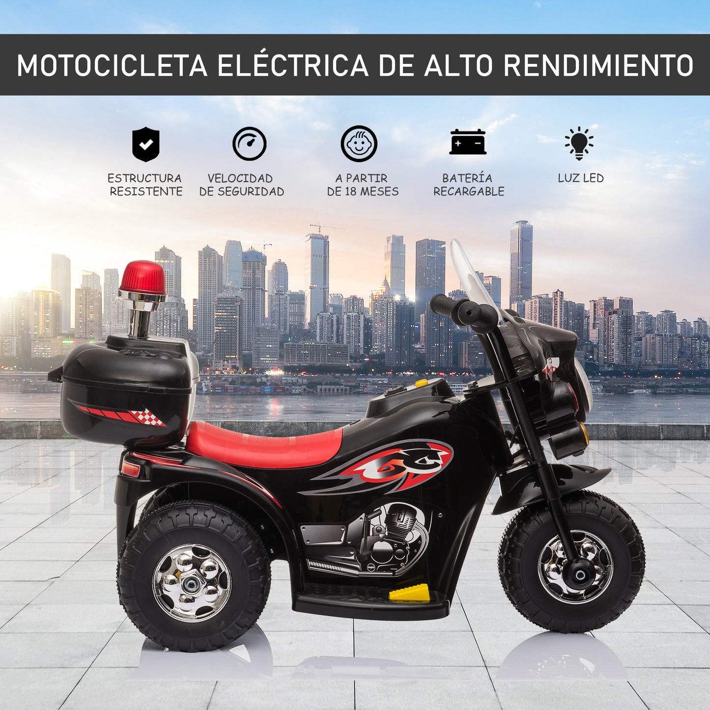 HOMCOM Moto Eléctrica para Niños de 18-36 Meses Moto de Batería 6V Motocicleta Infantil con 3 Ruedas Música Bocina Faros Baúl 80x35x52 cm Negro