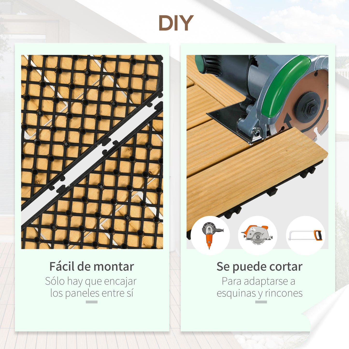 Outsunny Set de 27 Piezas Baldosas de Madera Baldosas para Exteriores 30x30 cm Área de 2,43 m² Losetas para Suelo con Sistema de Clic para Balcón Terraza Jardín Natural