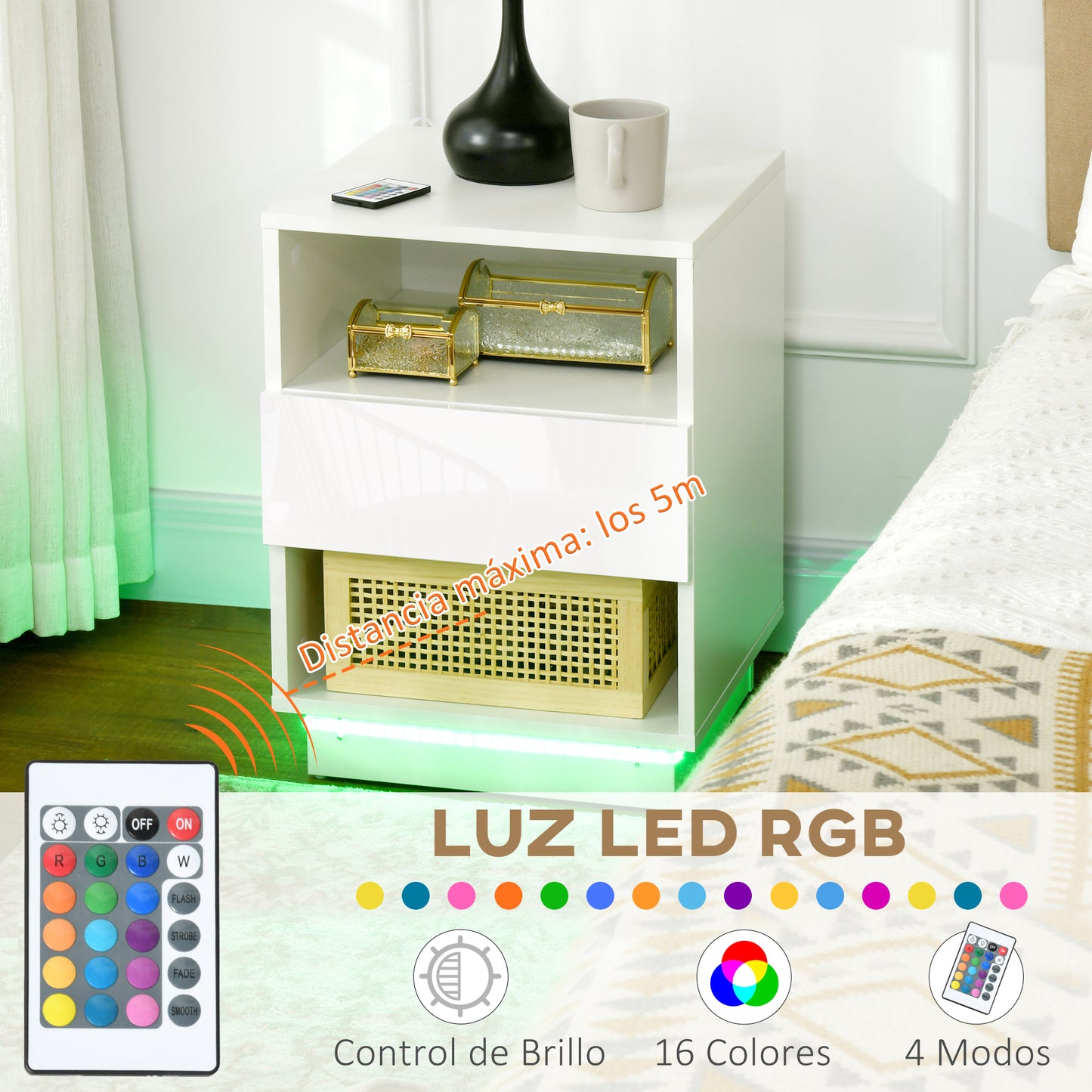 HOMCOM Mesita de Noche Moderna con Luz LED Mesilla de Noche con Mando a Distancia Cajón de Alto Brillo y 2 Estantes para Salón Dormitorio 40x40x55 cm Blanco