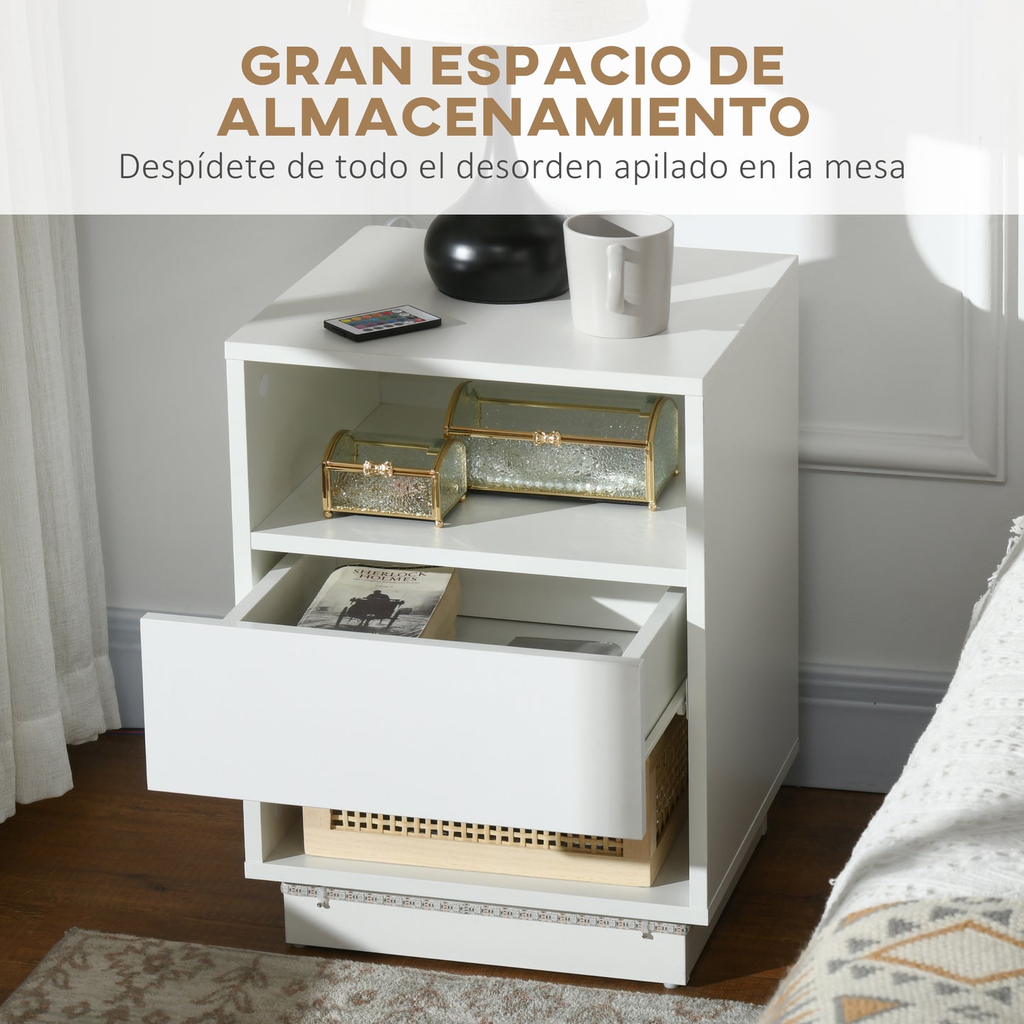 HOMCOM Mesita de Noche Moderna con Luz LED Mesilla de Noche con Mando a Distancia Cajón de Alto Brillo y 2 Estantes para Salón Dormitorio 40x40x55 cm Blanco