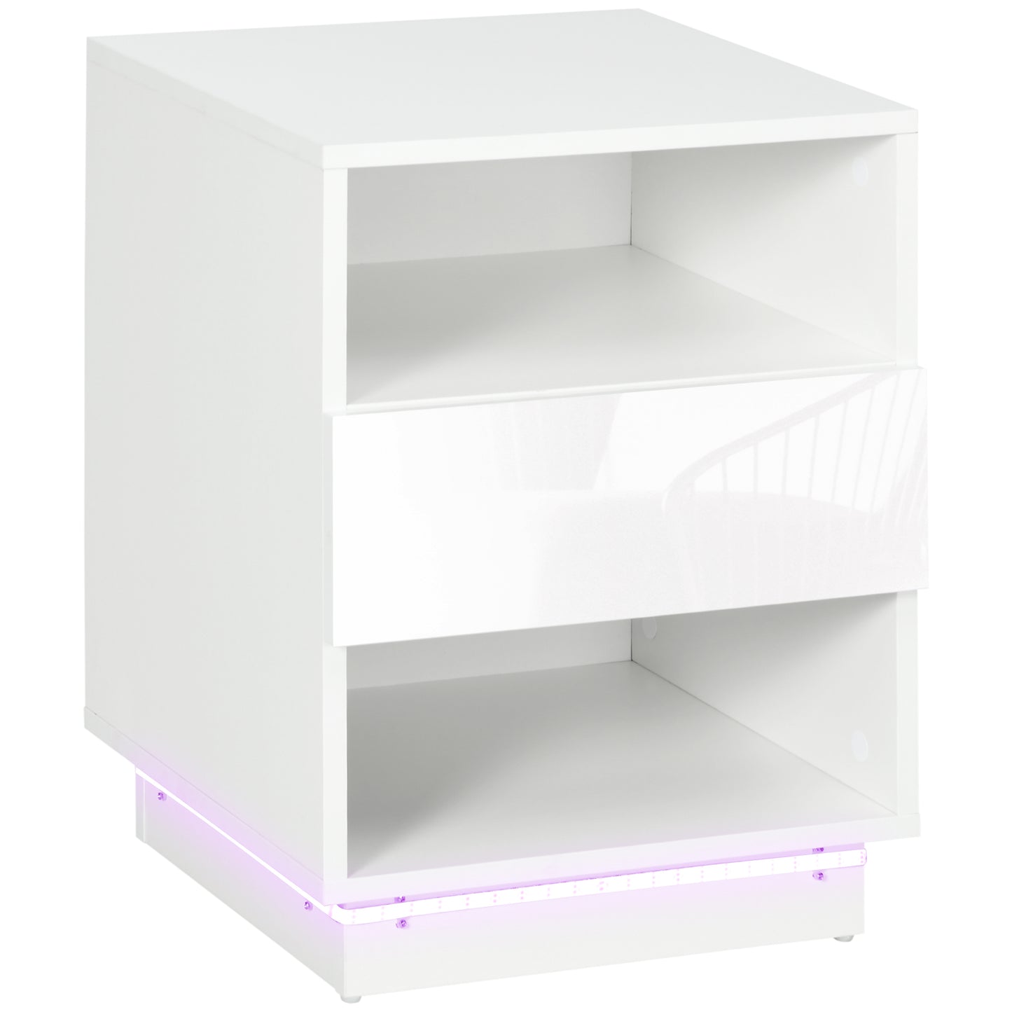 HOMCOM Mesita de Noche Moderna con Luz LED Mesilla de Noche con Mando a Distancia Cajón de Alto Brillo y 2 Estantes para Salón Dormitorio 40x40x55 cm Blanco