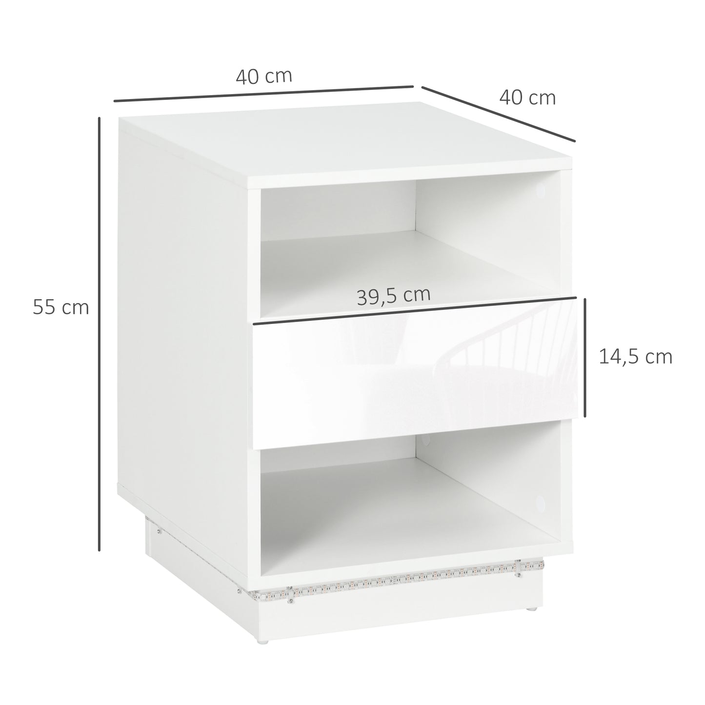 HOMCOM Mesita de Noche Moderna con Luz LED Mesilla de Noche con Mando a Distancia Cajón de Alto Brillo y 2 Estantes para Salón Dormitorio 40x40x55 cm Blanco