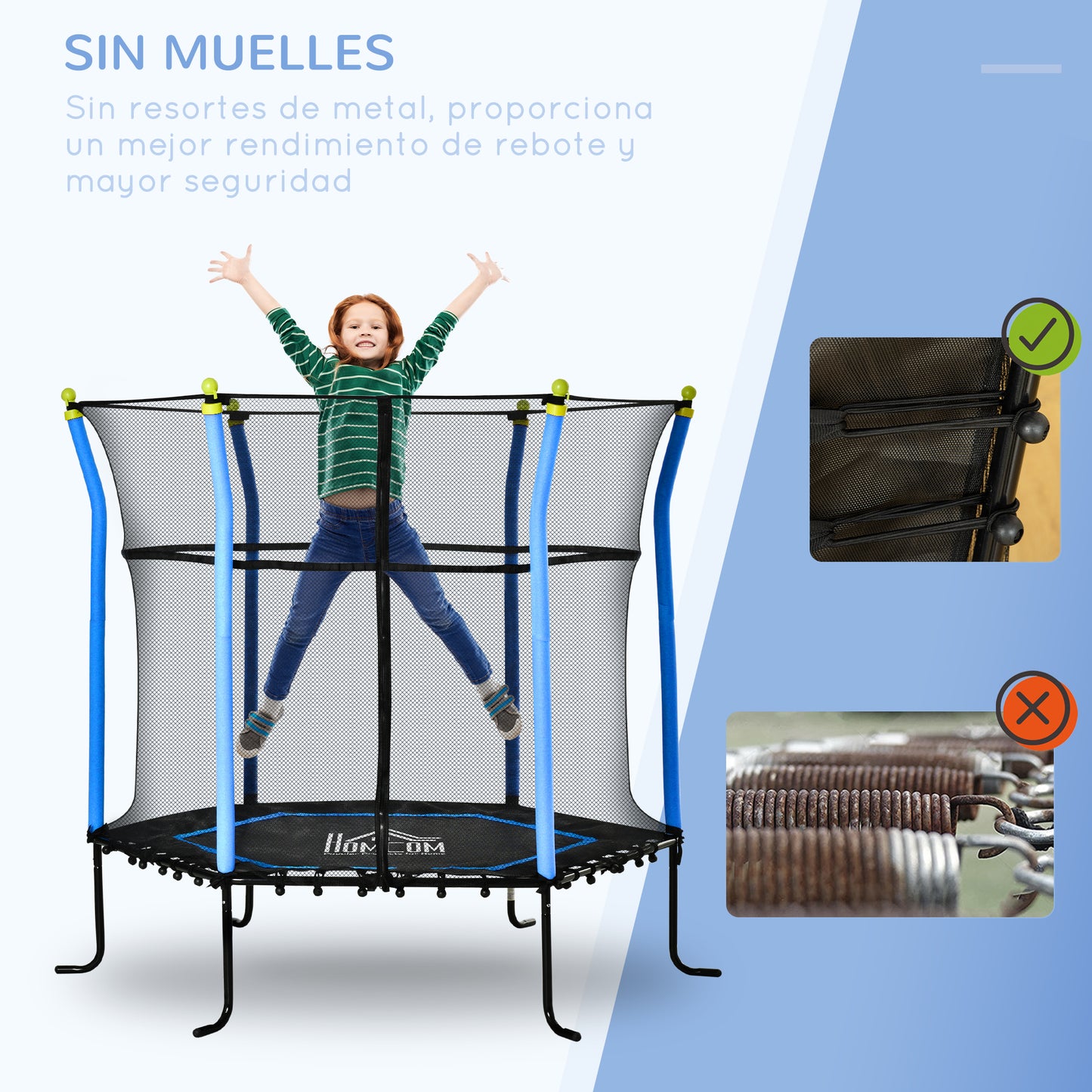 HOMCOM Cama Elástica Infantil de Jardín Ø160x163,5 cm Trampolín para Niños de +3 Años con Red de Seguridad Acero para Interior Exterior Carga 50 kg Negro y Azul