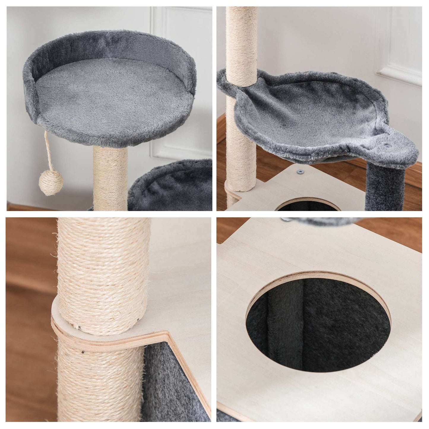 PawHut Árbol Rascador para Gatos 48x34x95 cm Torre para Gatos con Hamaca Plataformas Cueva Extraíble Bola Colgante y Postes de Sisal Gris