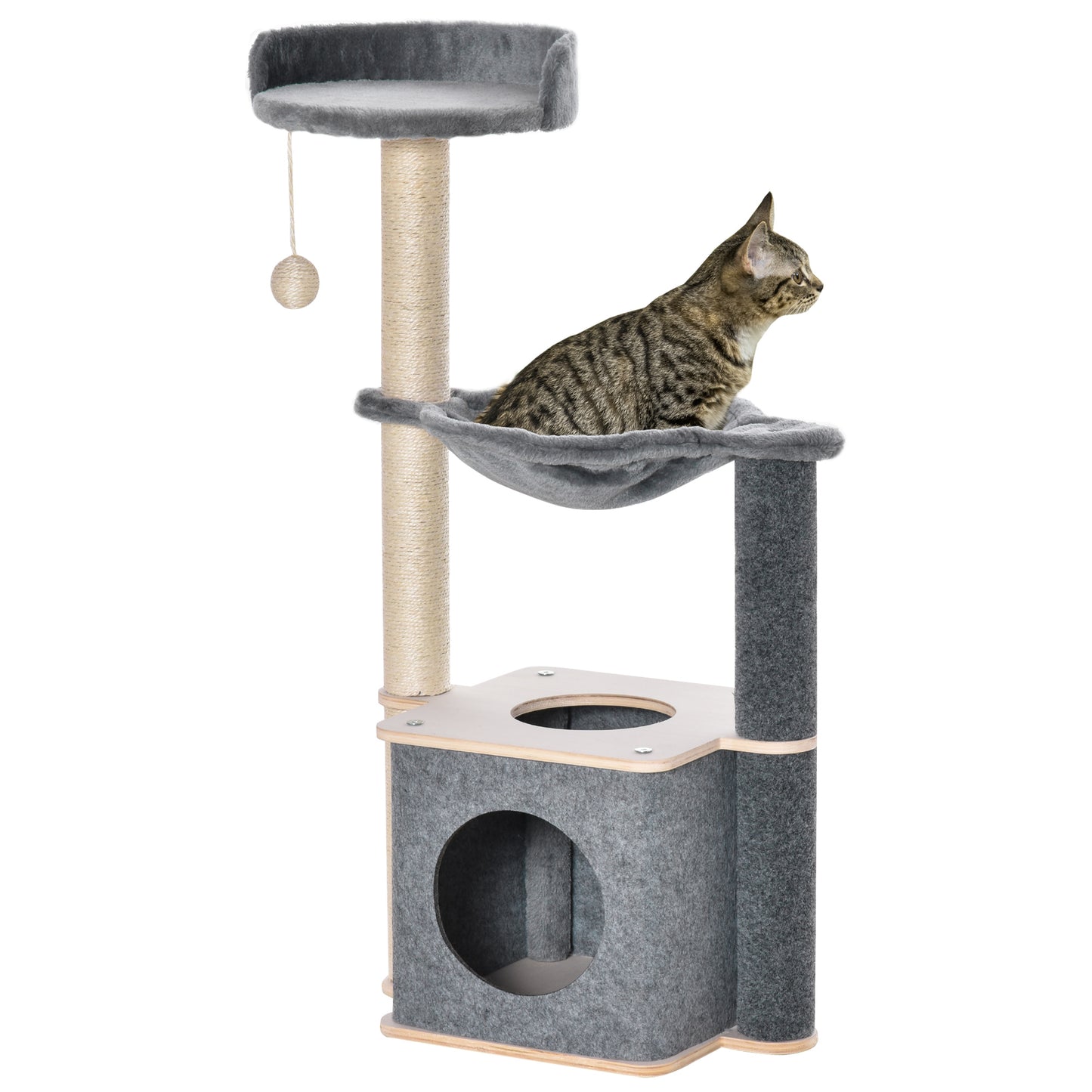 PawHut Árbol Rascador para Gatos 48x34x95 cm Torre para Gatos con Hamaca Plataformas Cueva Extraíble Bola Colgante y Postes de Sisal Gris