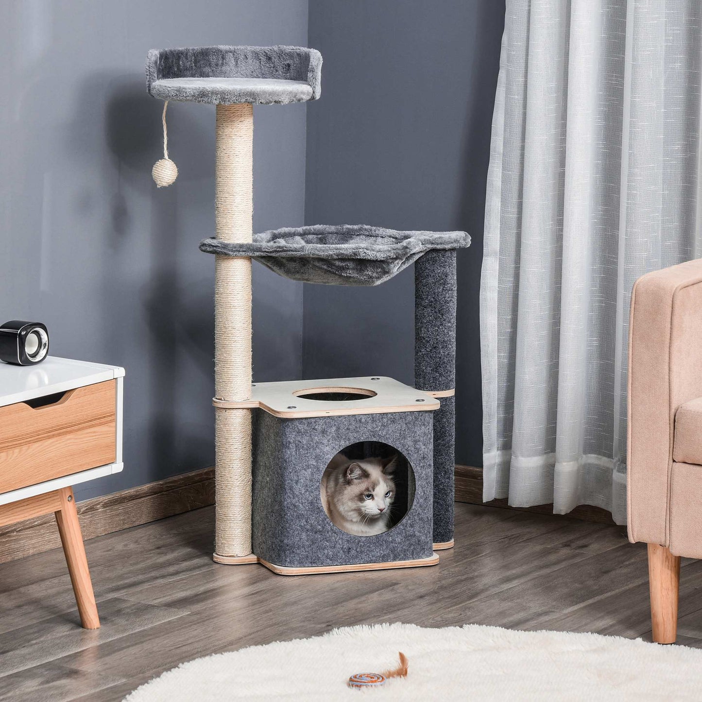 PawHut Árbol Rascador para Gatos 48x34x95 cm Torre para Gatos con Hamaca Plataformas Cueva Extraíble Bola Colgante y Postes de Sisal Gris