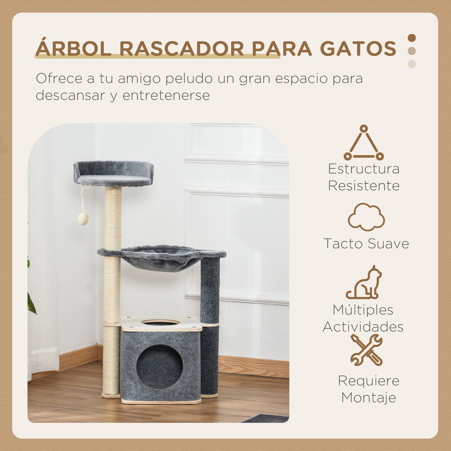 PawHut Árbol Rascador para Gatos 48x34x95 cm Torre para Gatos con Hamaca Plataformas Cueva Extraíble Bola Colgante y Postes de Sisal Gris