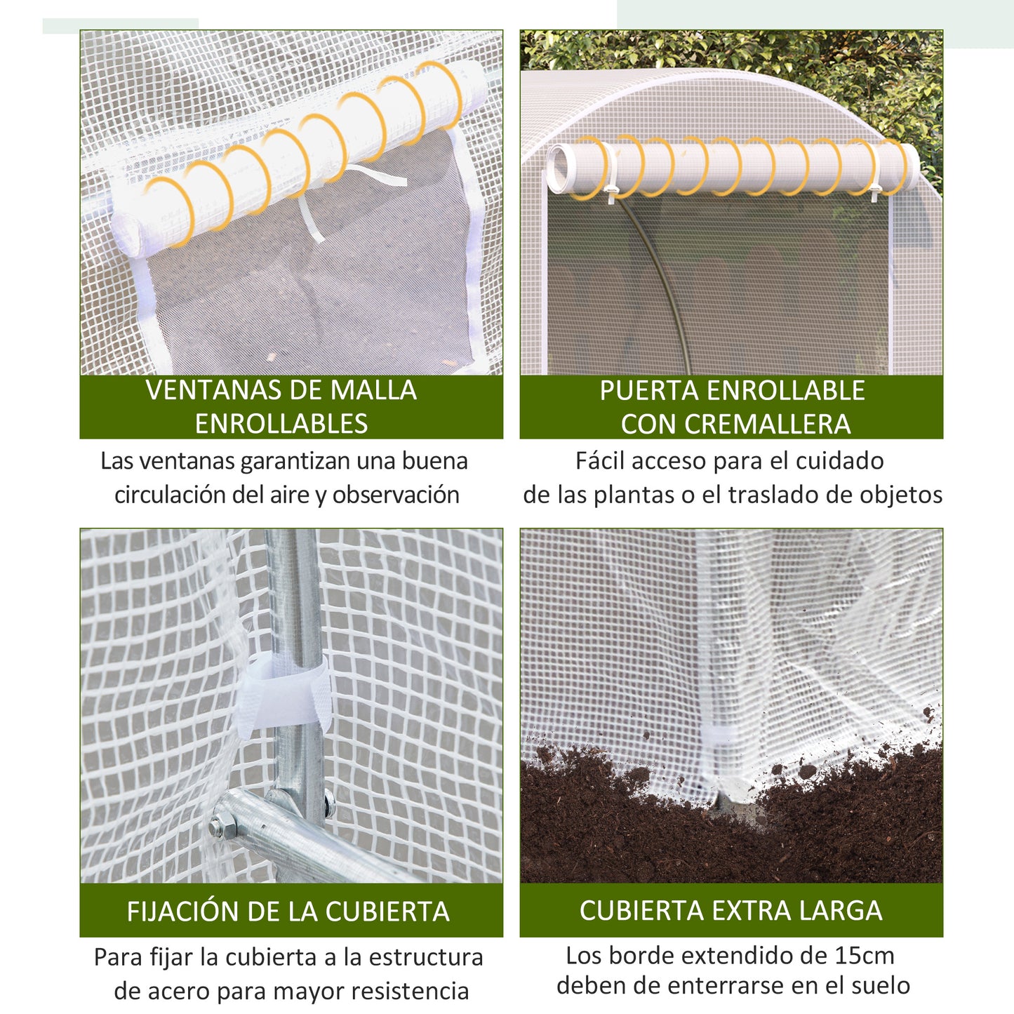 Outsunny Invernadero de Túnel 400x200x200 cm Invernadero de Jardín con Puerta Enrollable y Ventanas Múltiples Cubierta PE 140 g/m² Anti-UV Marco de Metal para Cultivo Plantas Verduras Blanco