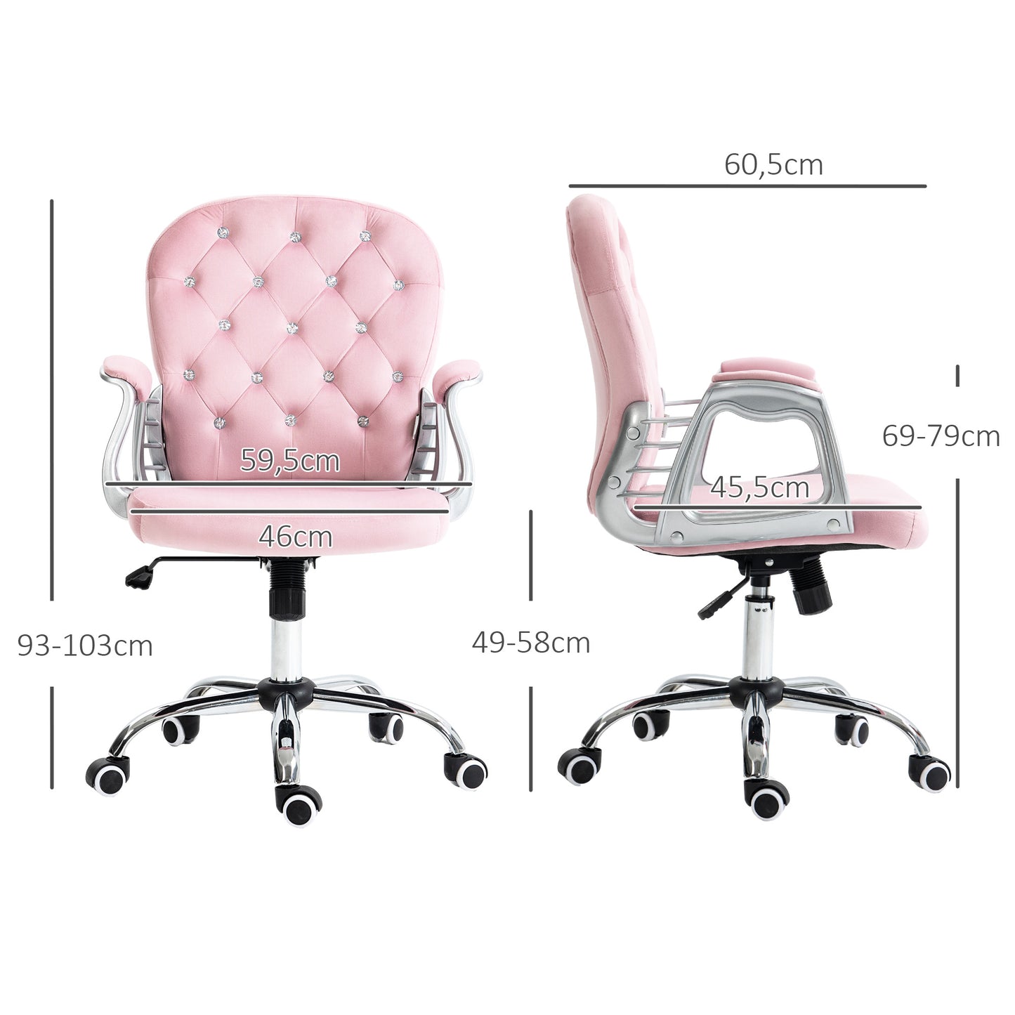 Vinsetto Silla de Escritorio Tapizada en Terciopelo Silla Giratoria con Altura Ajustable Reposabrazos y Decoraciones de Diamantes Carga 120 kg Silla para Estudio Dormitorio 59,5x60,5x93-103 cm Rosa