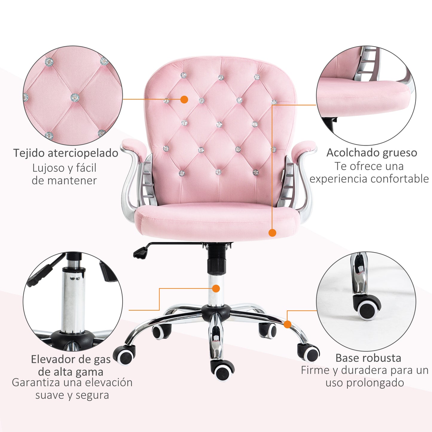 Vinsetto Silla de Escritorio Tapizada en Terciopelo Silla Giratoria con Altura Ajustable Reposabrazos y Decoraciones de Diamantes Carga 120 kg Silla para Estudio Dormitorio 59,5x60,5x93-103 cm Rosa