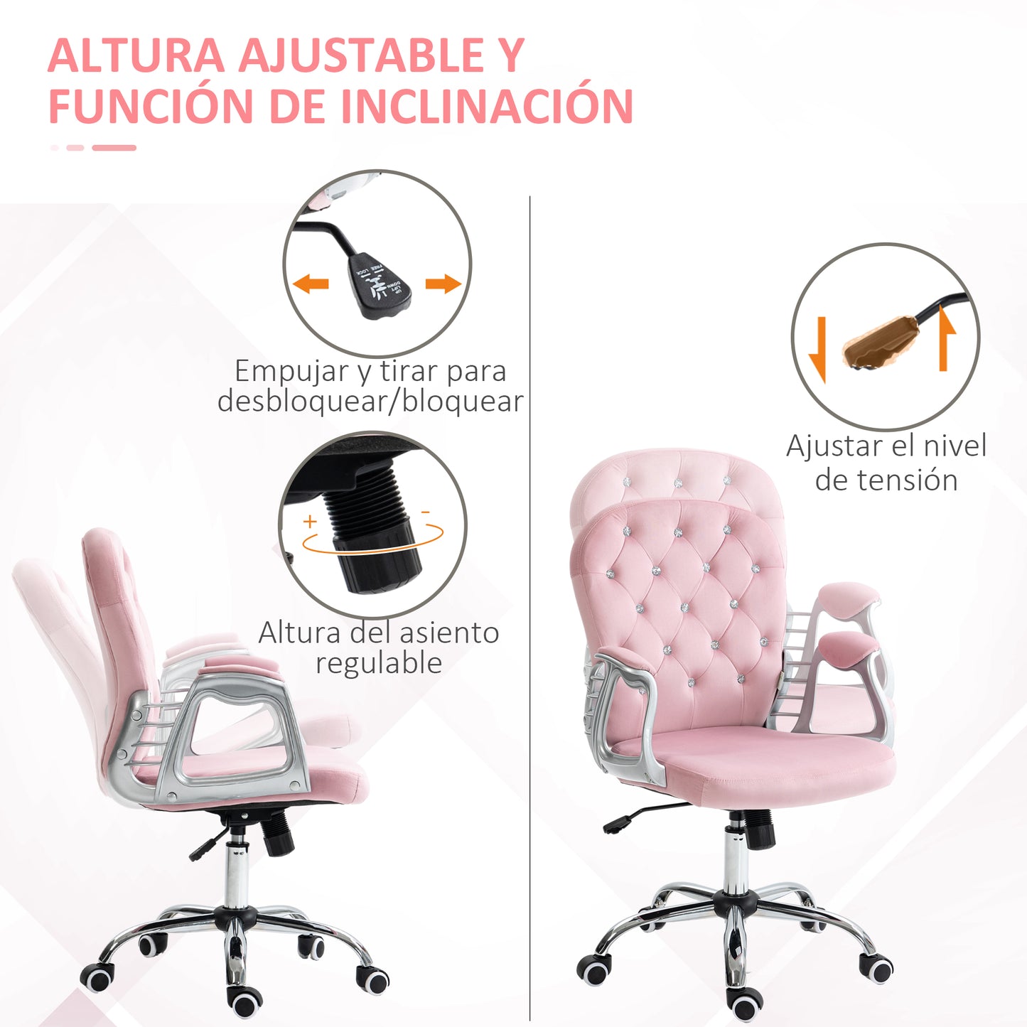 Vinsetto Silla de Escritorio Tapizada en Terciopelo Silla Giratoria con Altura Ajustable Reposabrazos y Decoraciones de Diamantes Carga 120 kg Silla para Estudio Dormitorio 59,5x60,5x93-103 cm Rosa