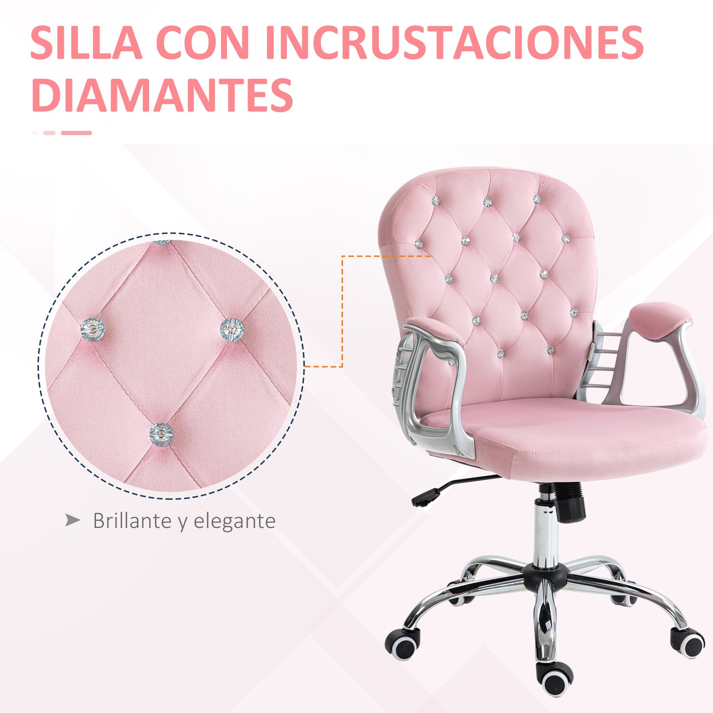 Vinsetto Silla de Escritorio Tapizada en Terciopelo Silla Giratoria con Altura Ajustable Reposabrazos y Decoraciones de Diamantes Carga 120 kg Silla para Estudio Dormitorio 59,5x60,5x93-103 cm Rosa