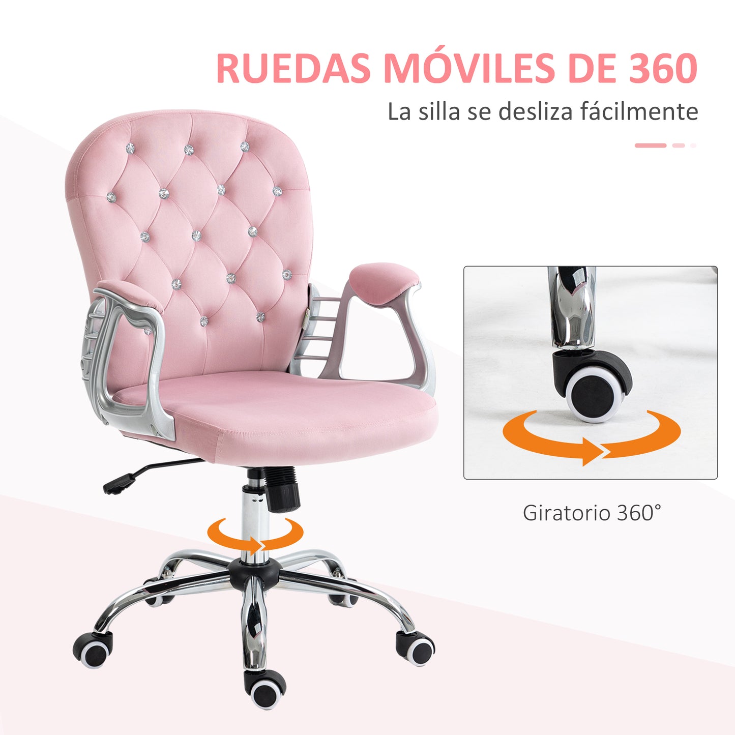 Vinsetto Silla de Escritorio Tapizada en Terciopelo Silla Giratoria con Altura Ajustable Reposabrazos y Decoraciones de Diamantes Carga 120 kg Silla para Estudio Dormitorio 59,5x60,5x93-103 cm Rosa