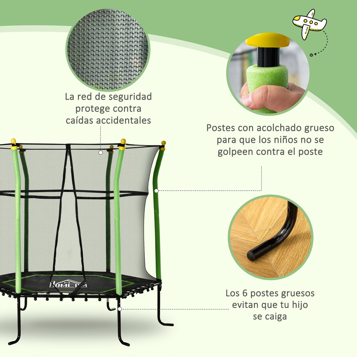 HOMCOM Cama Elástica Infantil de Jardín Ø160x163,5 cm Trampolín para Niños de +3 Años con Red de Seguridad Acero para Interior Exterior Carga 50 kg Negro y Verde