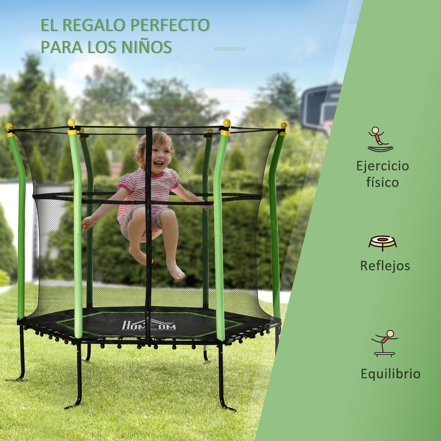 HOMCOM Cama Elástica Infantil de Jardín Ø160x163,5 cm Trampolín para Niños de +3 Años con Red de Seguridad Acero para Interior Exterior Carga 50 kg Negro y Verde