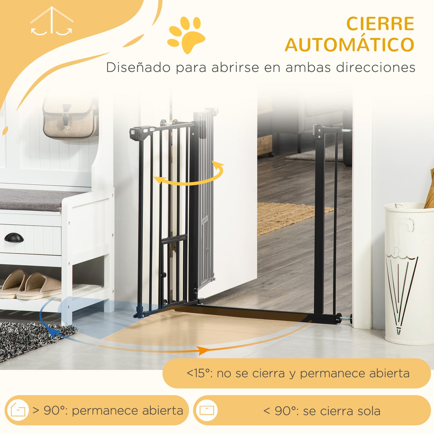 PawHut Barrera de Seguridad para Perros Barrera para Mascotas Extensible con Puerta Pequeño Cierre Automático y Sistema de Doble Bloqueo para Puerta Pasillo Escalera 74-80x76,2 cm Negro