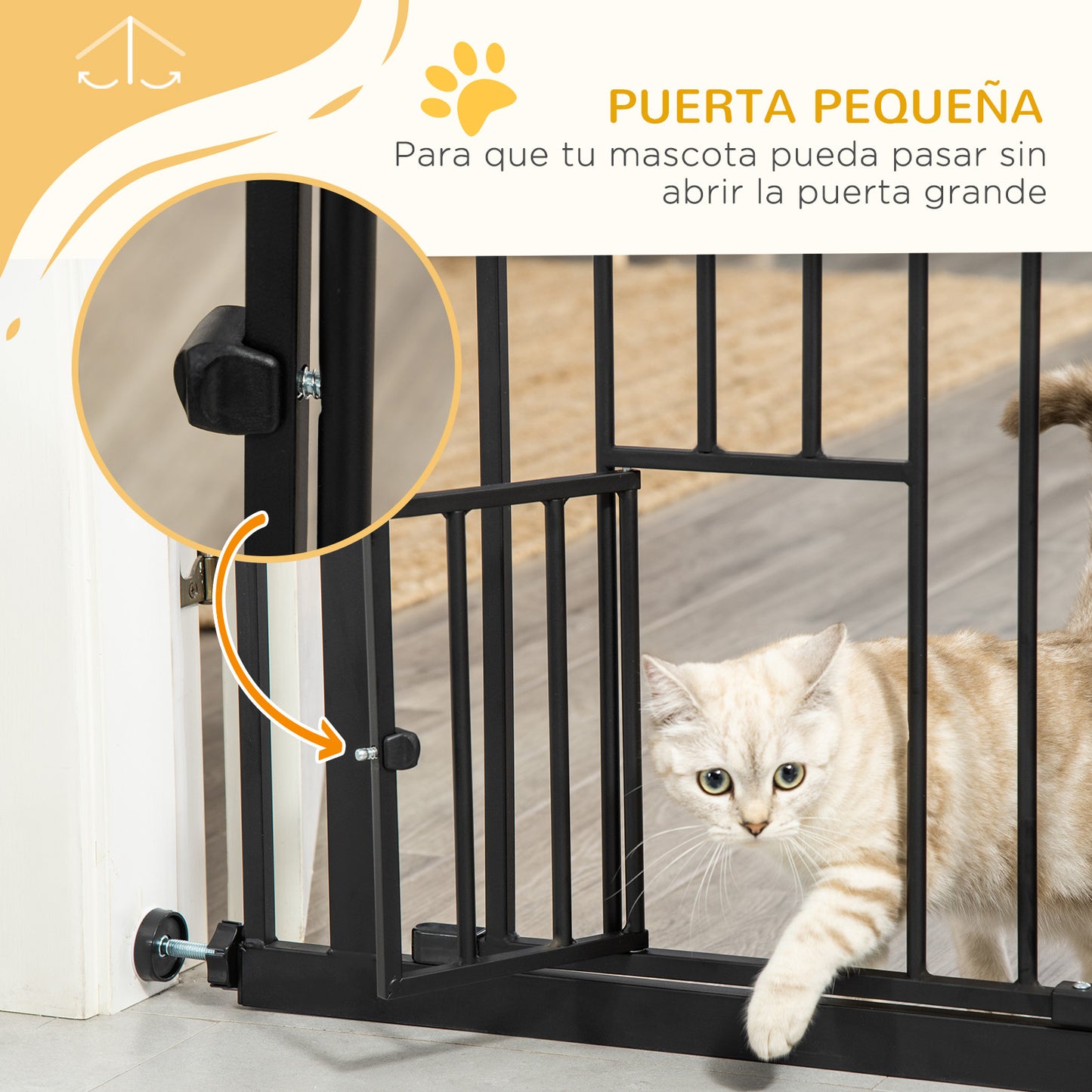 PawHut Barrera de Seguridad para Perros Barrera para Mascotas Extensible con Puerta Pequeño Cierre Automático y Sistema de Doble Bloqueo para Puerta Pasillo Escalera 74-80x76,2 cm Negro