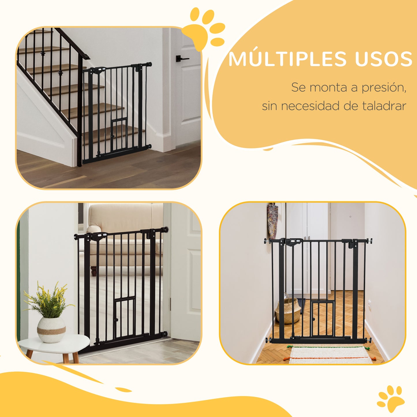 PawHut Barrera de Seguridad para Perros Barrera para Mascotas Extensible con Puerta Pequeño Cierre Automático y Sistema de Doble Bloqueo para Puerta Pasillo Escalera 74-80x76,2 cm Negro