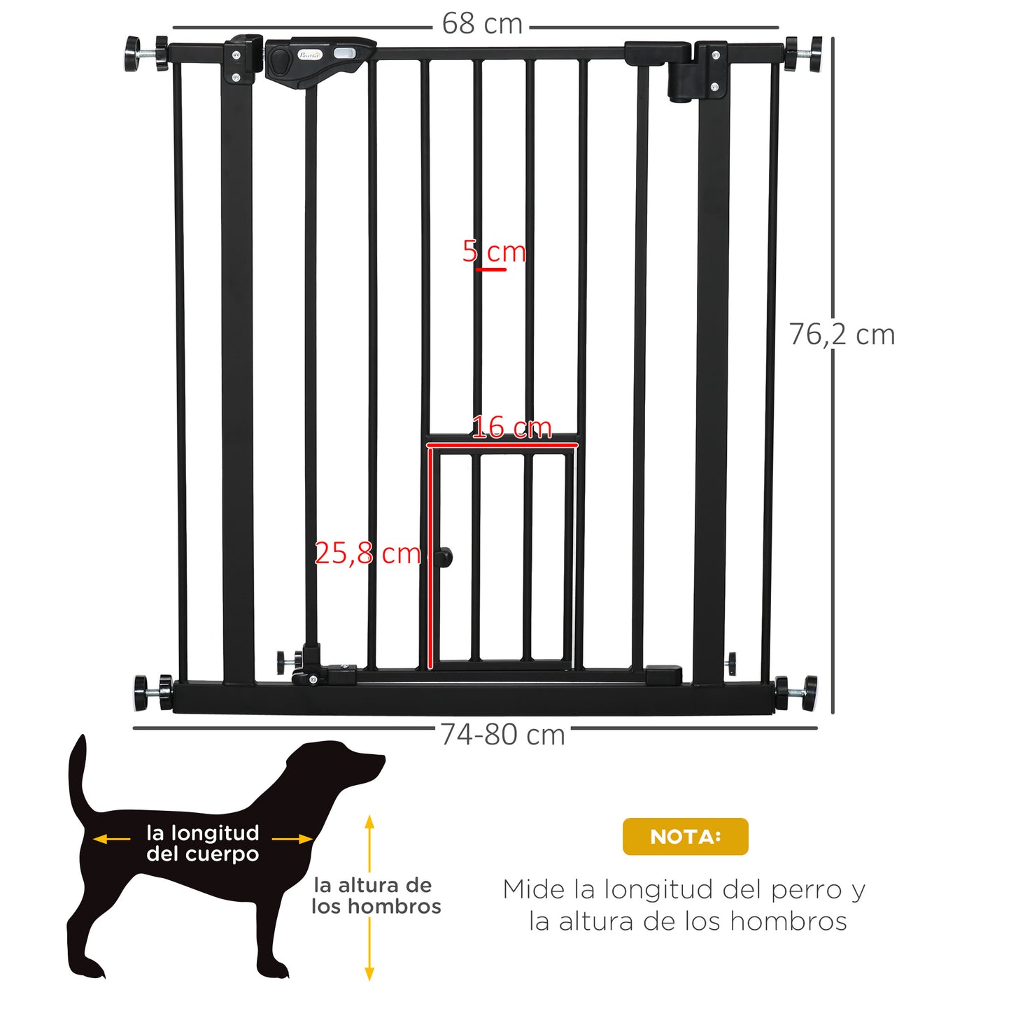 PawHut Barrera de Seguridad para Perros Barrera para Mascotas Extensible con Puerta Pequeño Cierre Automático y Sistema de Doble Bloqueo para Puerta Pasillo Escalera 74-80x76,2 cm Negro