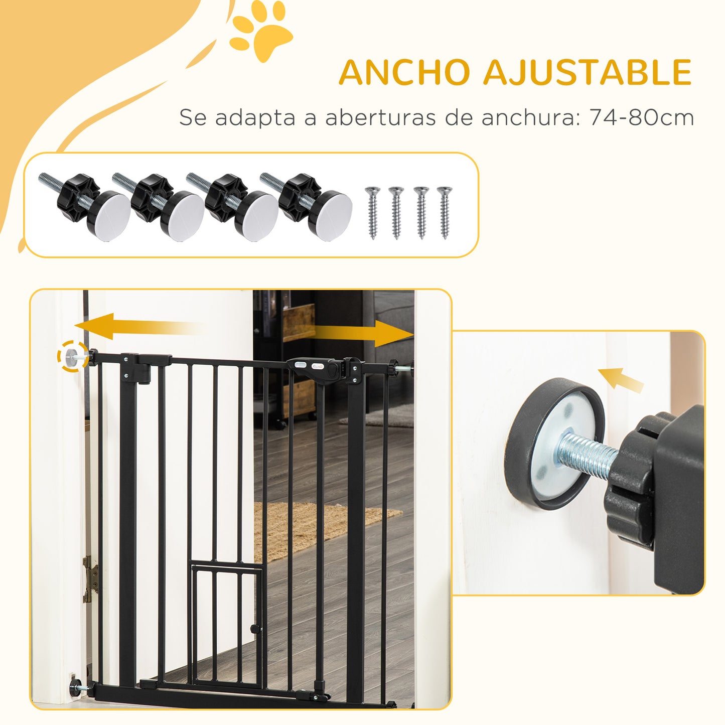 PawHut Barrera de Seguridad para Perros Barrera para Mascotas Extensible con Puerta Pequeño Cierre Automático y Sistema de Doble Bloqueo para Puerta Pasillo Escalera 74-80x76,2 cm Negro