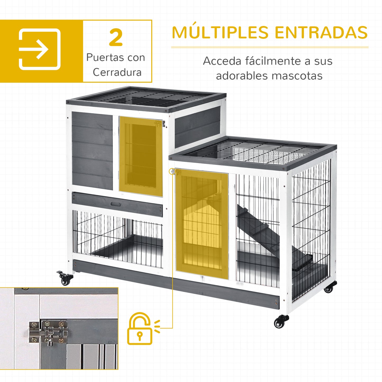 PawHut Conejera de Madera para Interior con Ruedas Jaula para Conejos Mascotas Pequeñas de 2 Pisos con Zona Abierta Rampa y 2 Bandejas Extraíbles 110x50x88 cm Gris