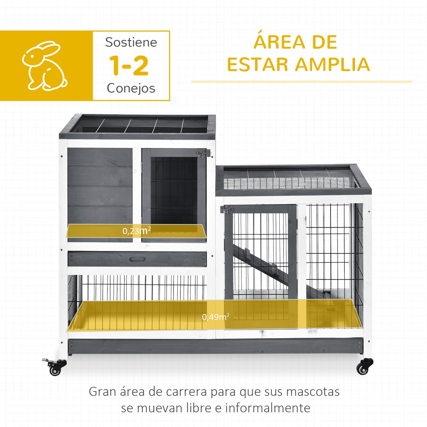 PawHut Conejera de Madera para Interior con Ruedas Jaula para Conejos Mascotas Pequeñas de 2 Pisos con Zona Abierta Rampa y 2 Bandejas Extraíbles 110x50x88 cm Gris