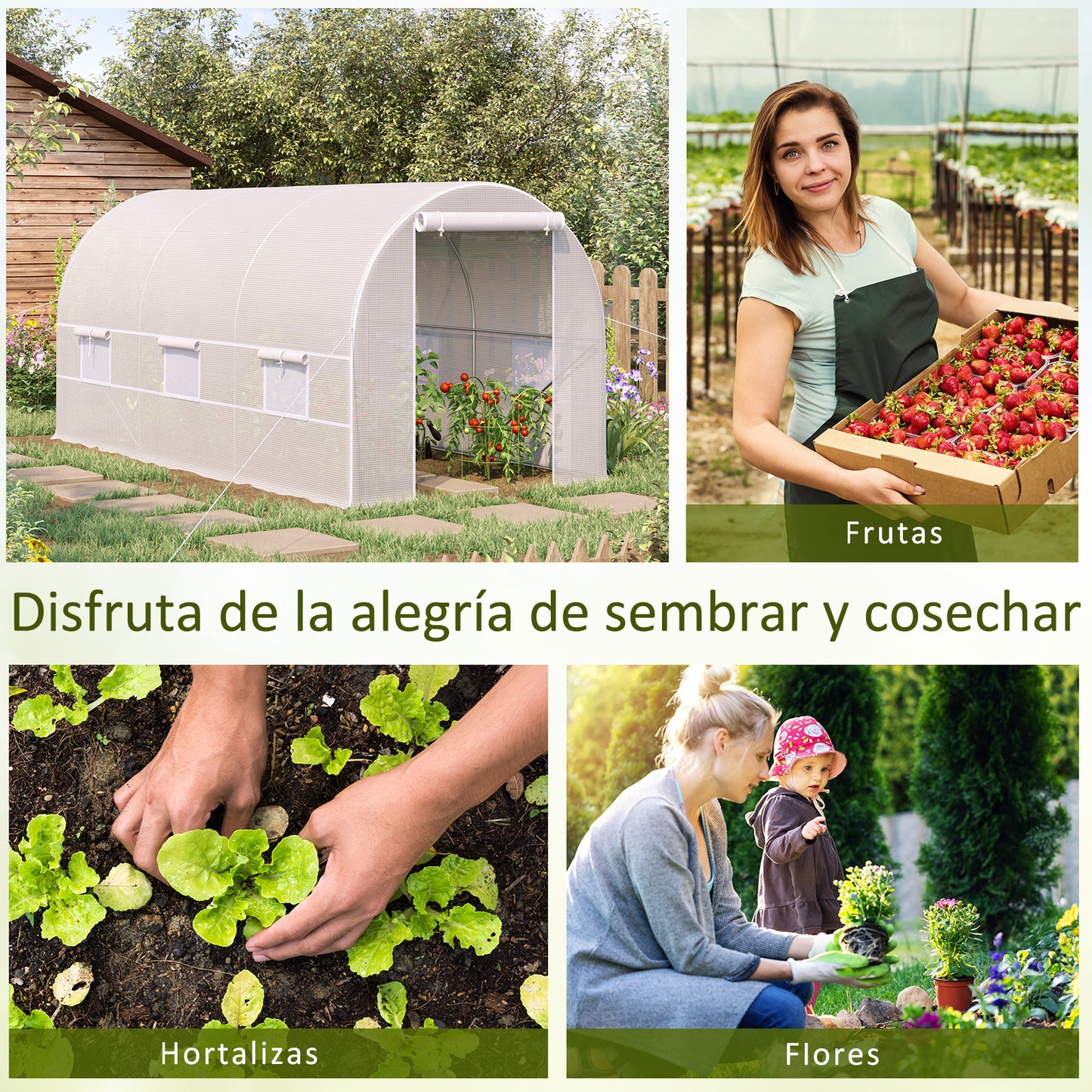 Outsunny Invernadero de Túnel 400x200x200 cm Invernadero de Jardín con Puerta Enrollable y Ventanas Múltiples Cubierta PE 140 g/m² Anti-UV Marco de Metal para Cultivo Plantas Verduras Blanco