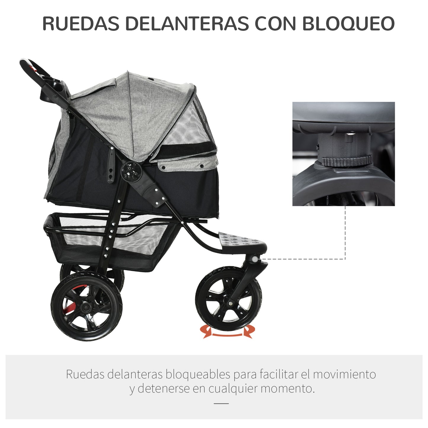 PawHut Carrito para Perros Plegable Cochecito para Mascotas Carrito para Perros Pequeños con 3 Ruedas Ventanas de Malla Cesta de Almacenaje y Correas de Seguridad 109,5x57,5x106,5 cm Gris