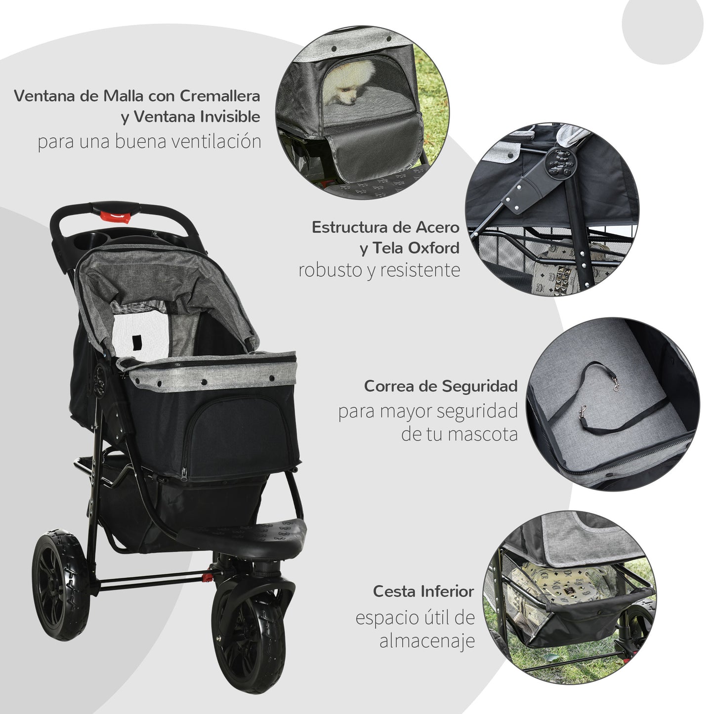 PawHut Carrito para Perros Plegable Cochecito para Mascotas Carrito para Perros Pequeños con 3 Ruedas Ventanas de Malla Cesta de Almacenaje y Correas de Seguridad 109,5x57,5x106,5 cm Gris