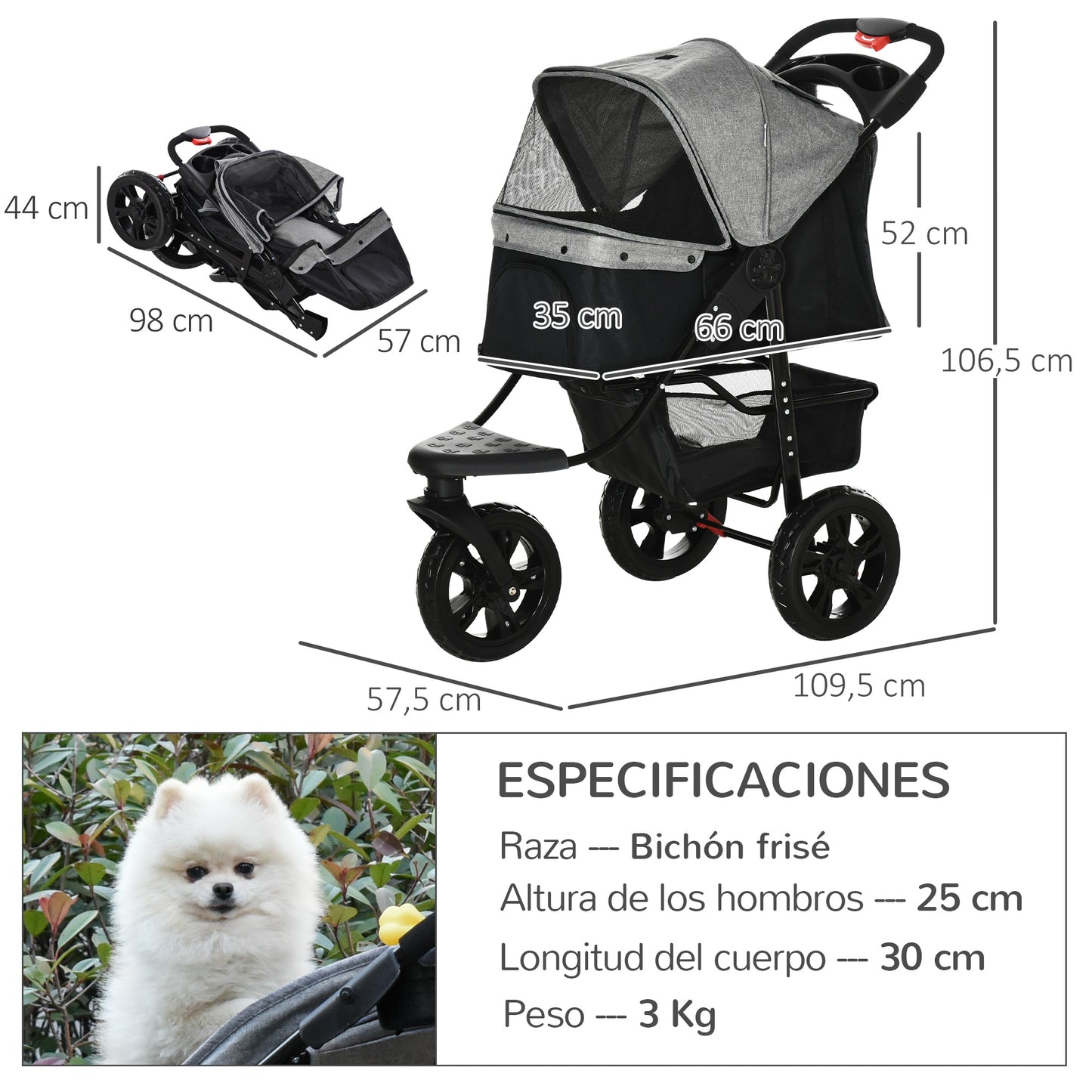 PawHut Carrito para Perros Plegable Cochecito para Mascotas Carrito para Perros Pequeños con 3 Ruedas Ventanas de Malla Cesta de Almacenaje y Correas de Seguridad 109,5x57,5x106,5 cm Gris