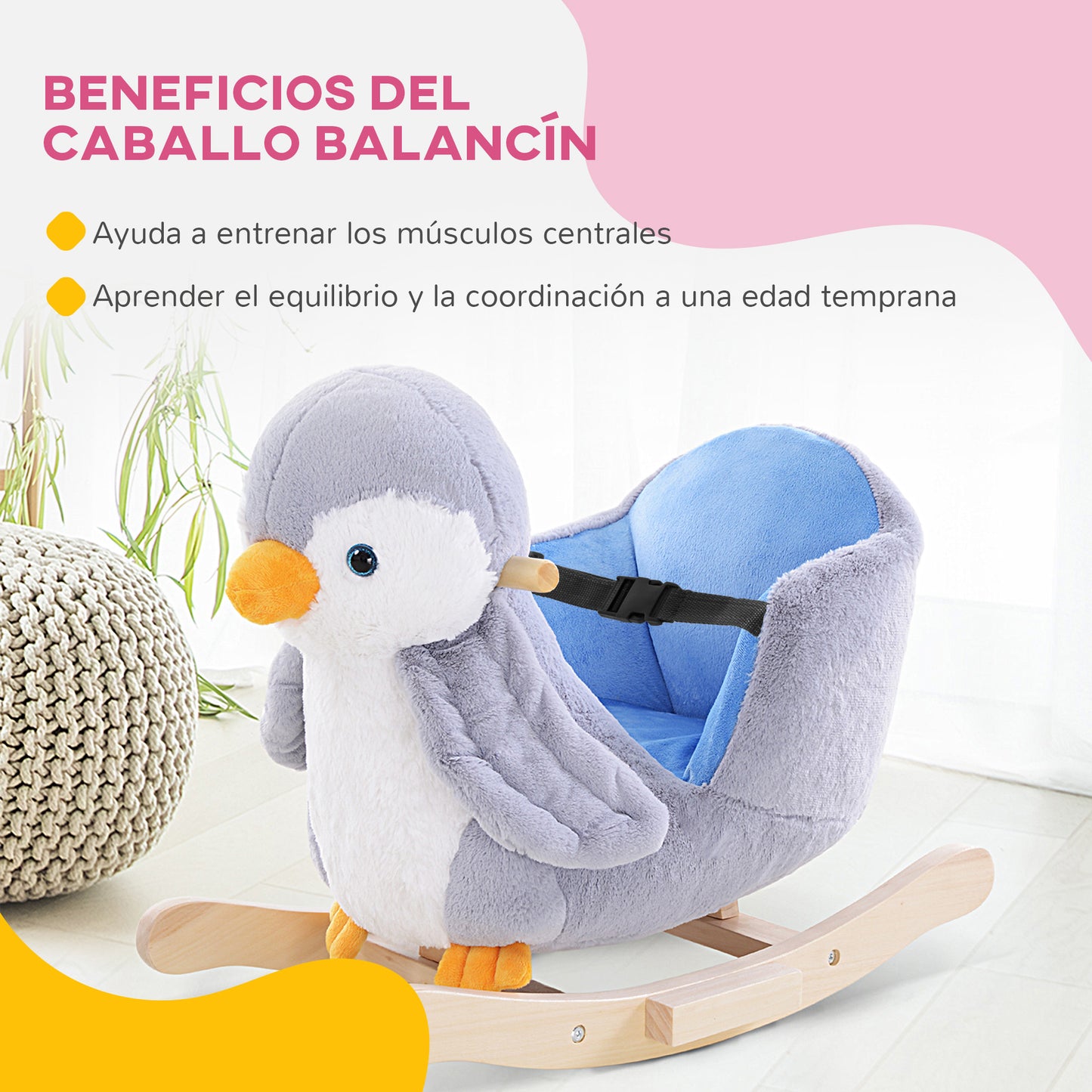 HOMCOM Caballito Balancín para Bebés de +18 Meses Forma de Pingüino Caballo Balancín de Madera con Músicas Asas y Cinturón de Seguridad Carga 40 kg 60x33x50 cm Gris