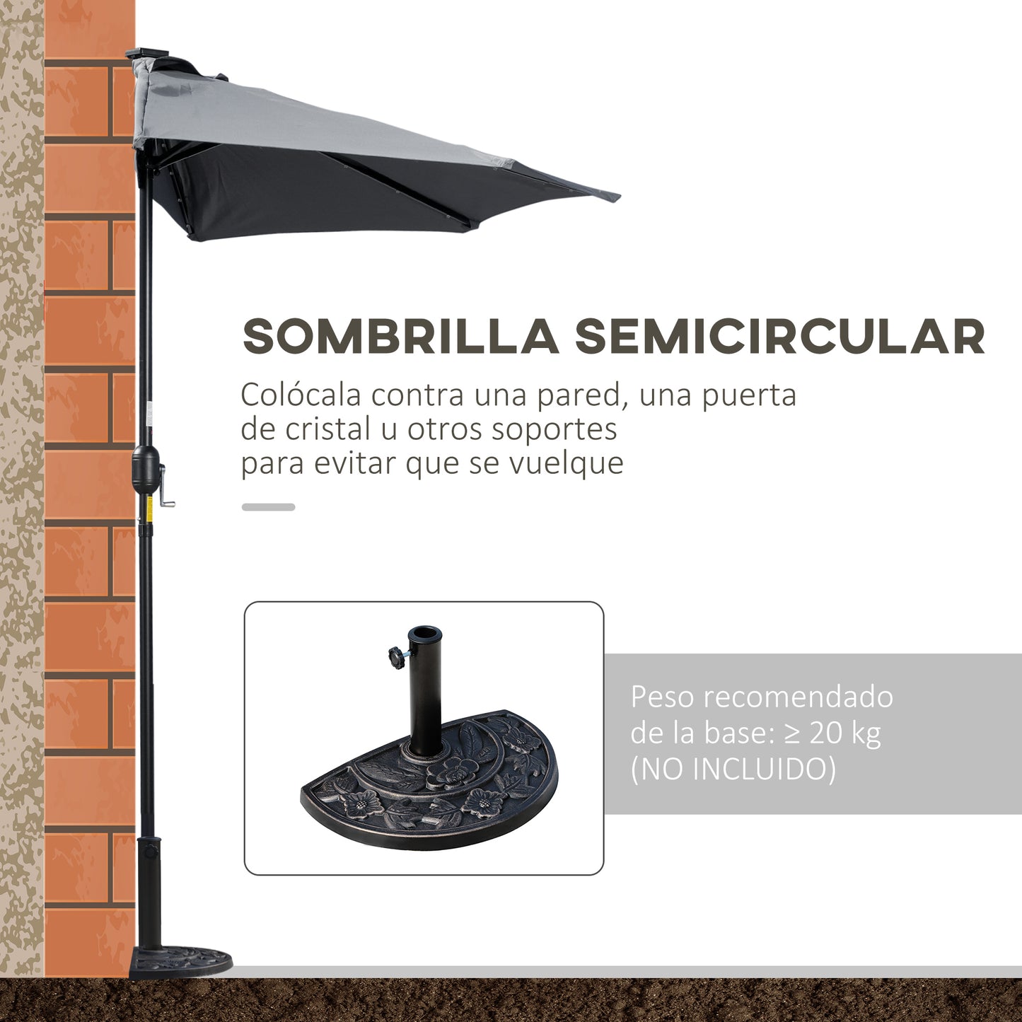 Outsunny Sombrilla Semicircular con 24 Luces LED Solar 270x135x240 cm Parasol de Jardín con Manivela Techo de Ventilación para Pared Terraza Gris